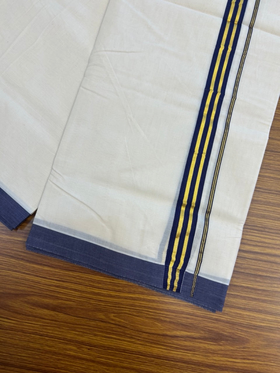 20% Discount !! KaithariKada Balaramapuram 100% Cotton Double Off white - (Unbleached) Mundu/Dhoti-100x100 - 1 inch Gold Kasav & Navy Blue Striped Kara - 3 KK5274 ASH