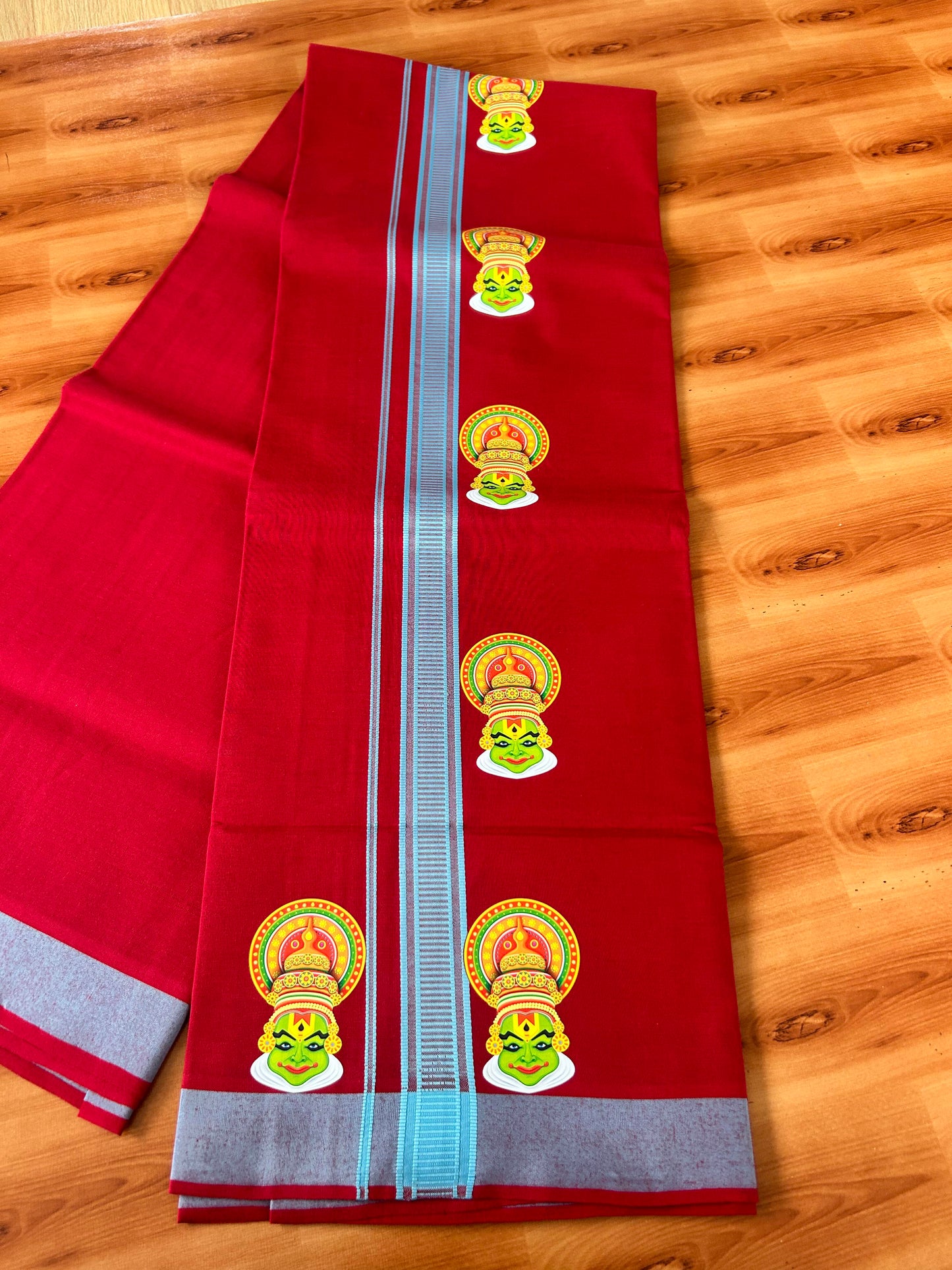 Single Kaily / Lungi- 20% Discount !! Kaitharikada - Pure Cotton - (40s) - 1.25 inch Light Blue Striped Kadhakali Printed Design Kara with Maroon colour Body (2 meter / 4 muzham) - 29 KK8059 GAN