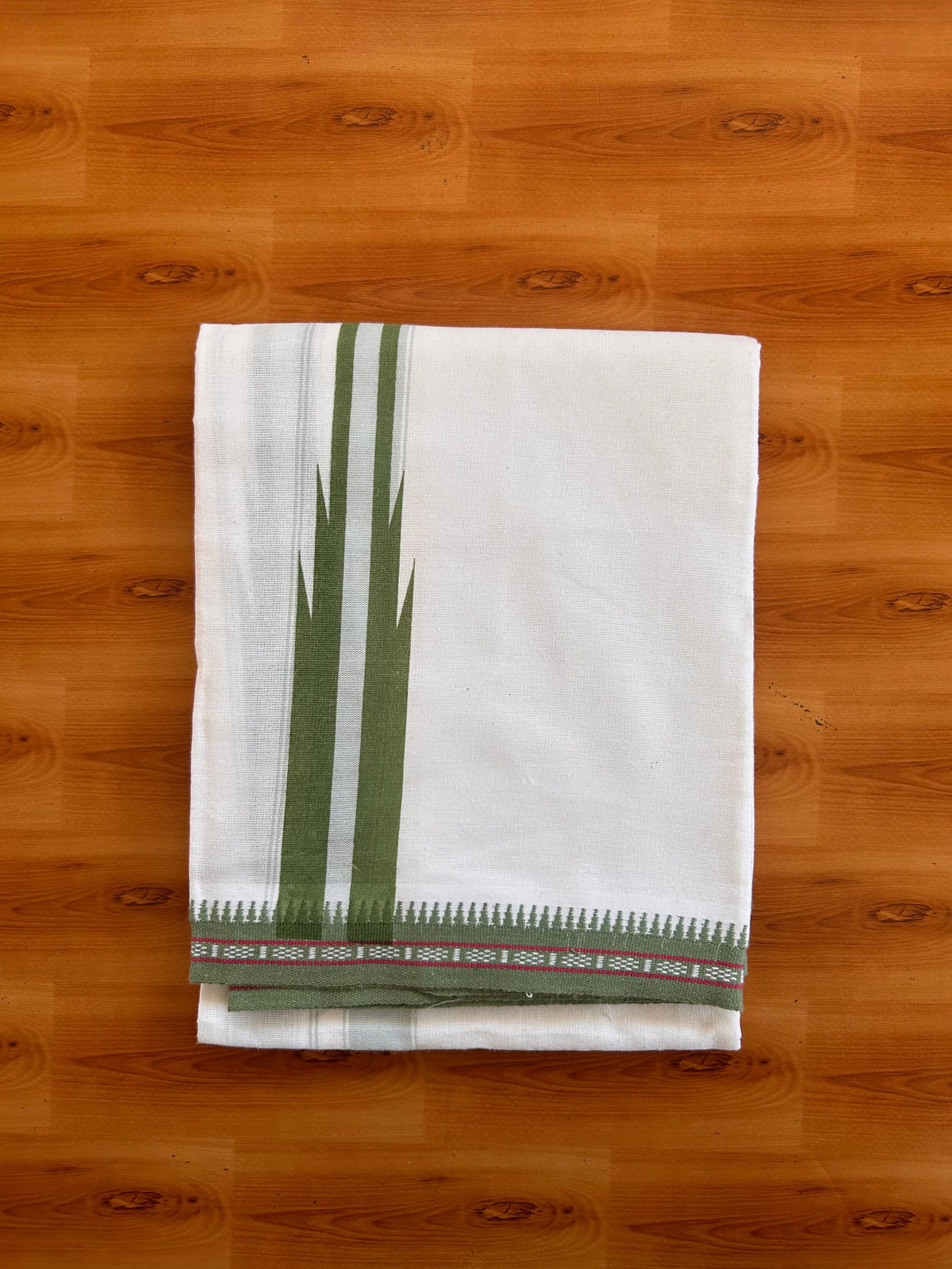Kaitharikada - Single Kaily / Lungi - Mixed Cotton - (2/40s) twisted - 2 inch Light Green Striped Printed chutty kara with White colour body (2 meter / 4 muzham) - 13 KK8091 SAT