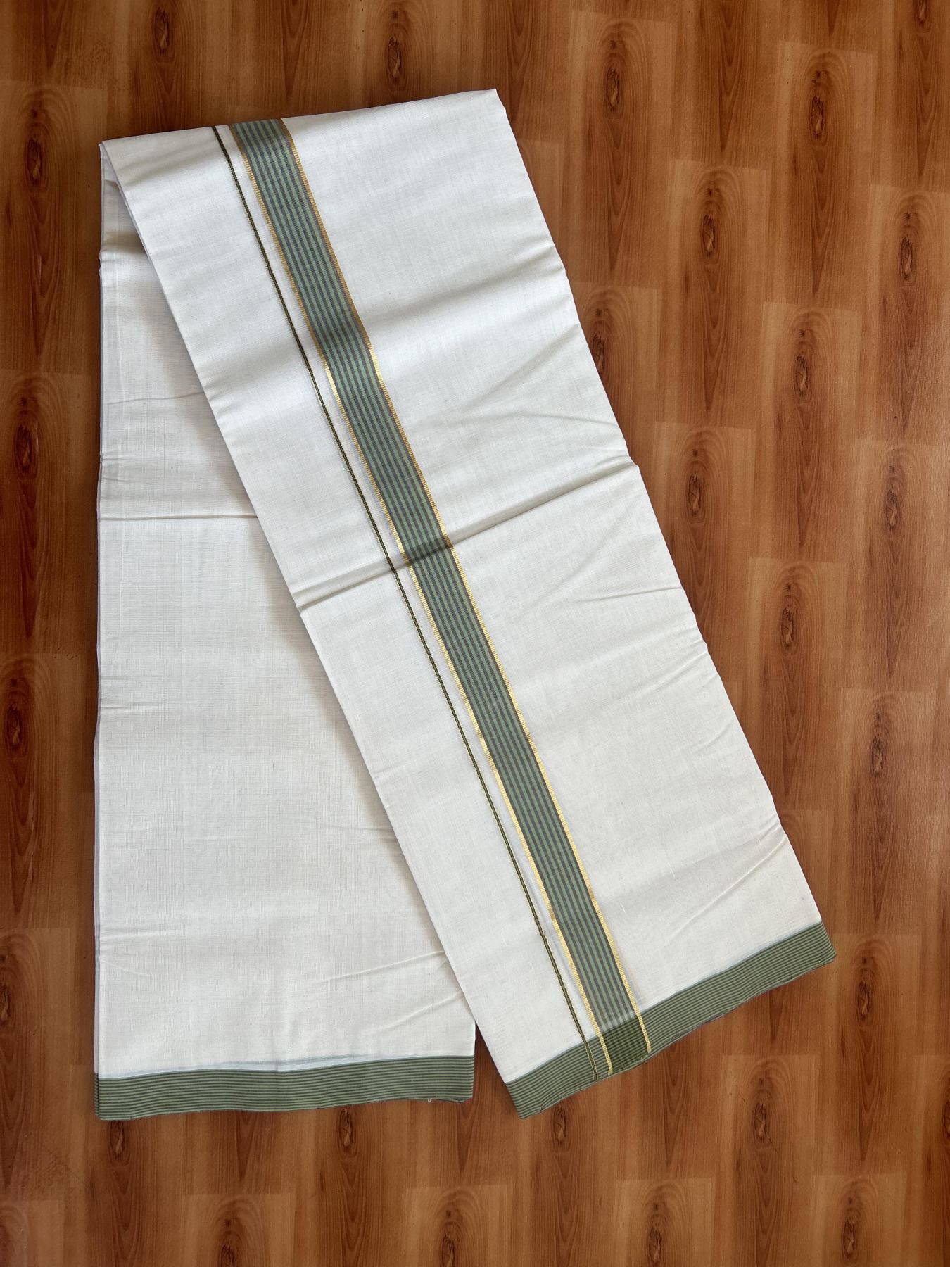 25% Discount! KaithariKada Handloom Millpaav - Kerala Handloom - Cotton Double Mundu/Dhoti Off white (Unbleached) - 80x90 - 1.25 inch Gold Kasav Green & Brown Shaded Stripes Kara 3.80 meter (8 Muzham) - 71 KK5383 RAM