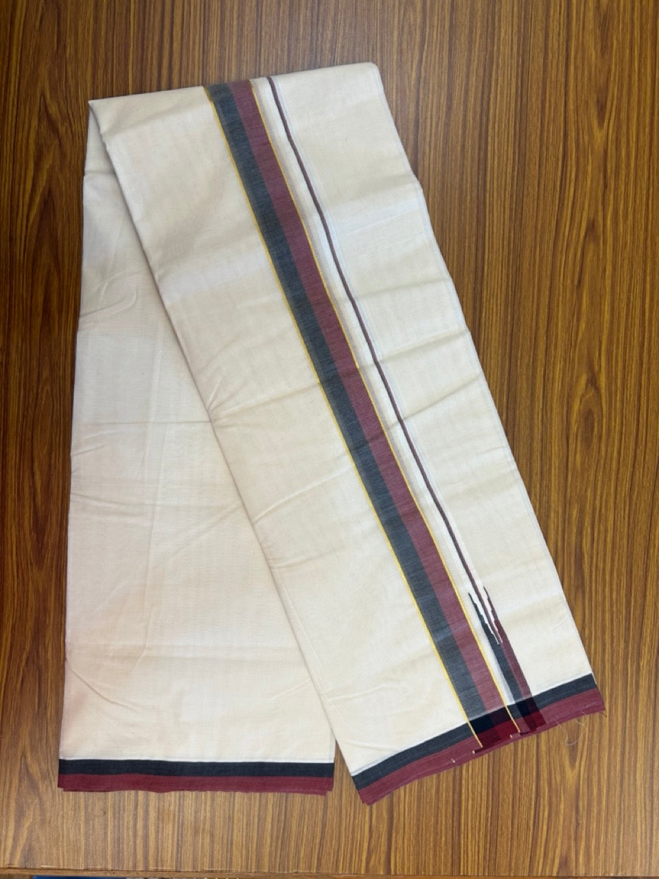 DMK Veshti - 20% Discount !! KaithariKada Balaramapuram Double Off white - (Unbleached) Mundu/Dhoti - 100X100 - 1.75 inch Puliyilakkara Kasavu Maroon & Black Chutty Kara - 1 KK5274 ASH