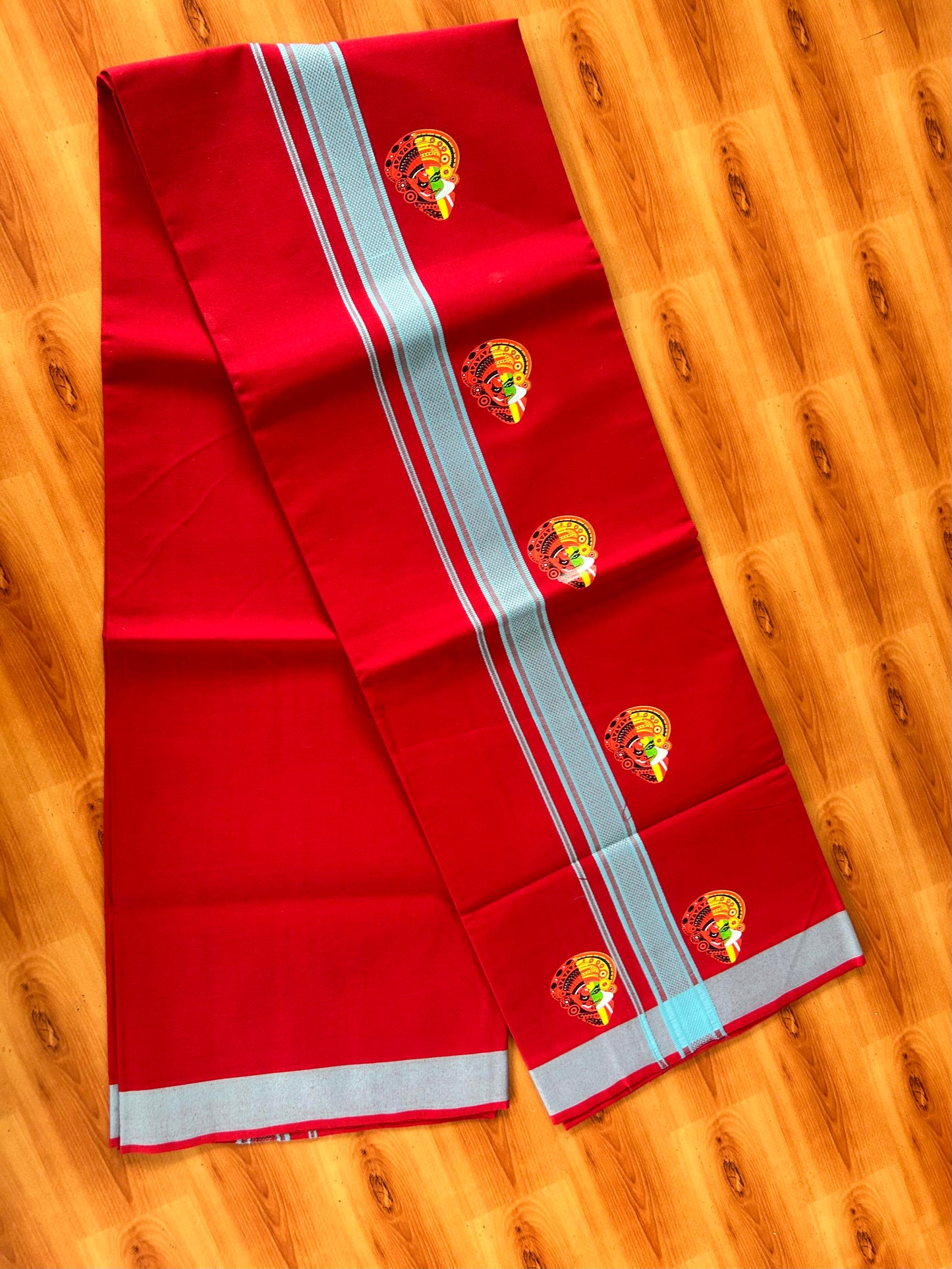 Single Kaily / Lungi- 20% Discount !! Kaitharikada - Pure Cotton - (40s) - 1.25 inch Light Blue Striped Theyyam & Kadhakali Printed Design Kara with Chilly Red colour Body (2 meter / 4 muzham) - 21 KK8059 GAN