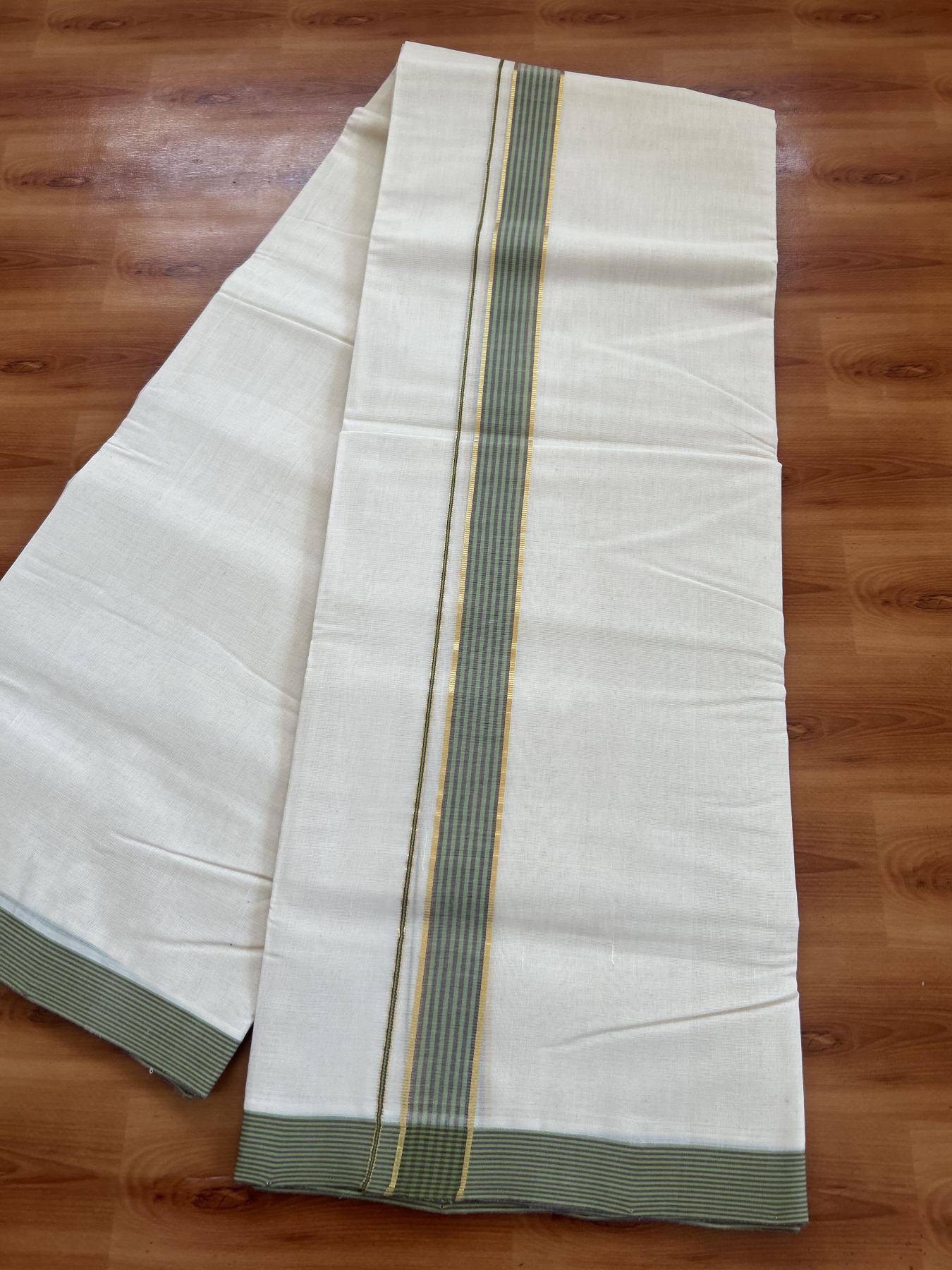 25% Discount! KaithariKada Handloom Millpaav - Kerala Handloom - Cotton Double Mundu/Dhoti Off white (Unbleached) - 80x90 - 1.25 inch Gold Kasav Green & Brown Shaded Stripes Kara 3.80 meter (8 Muzham) - 71 KK5383 RAM