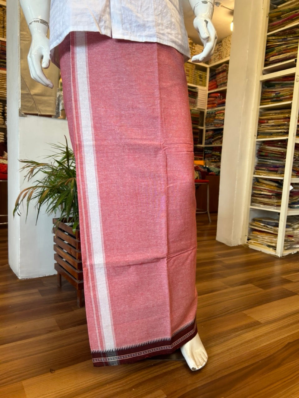Kaitharikada Pure Cotton - Single Kaily / Lungi - 2 inch White kara with Dusty Pink colour body-4KK422KAI