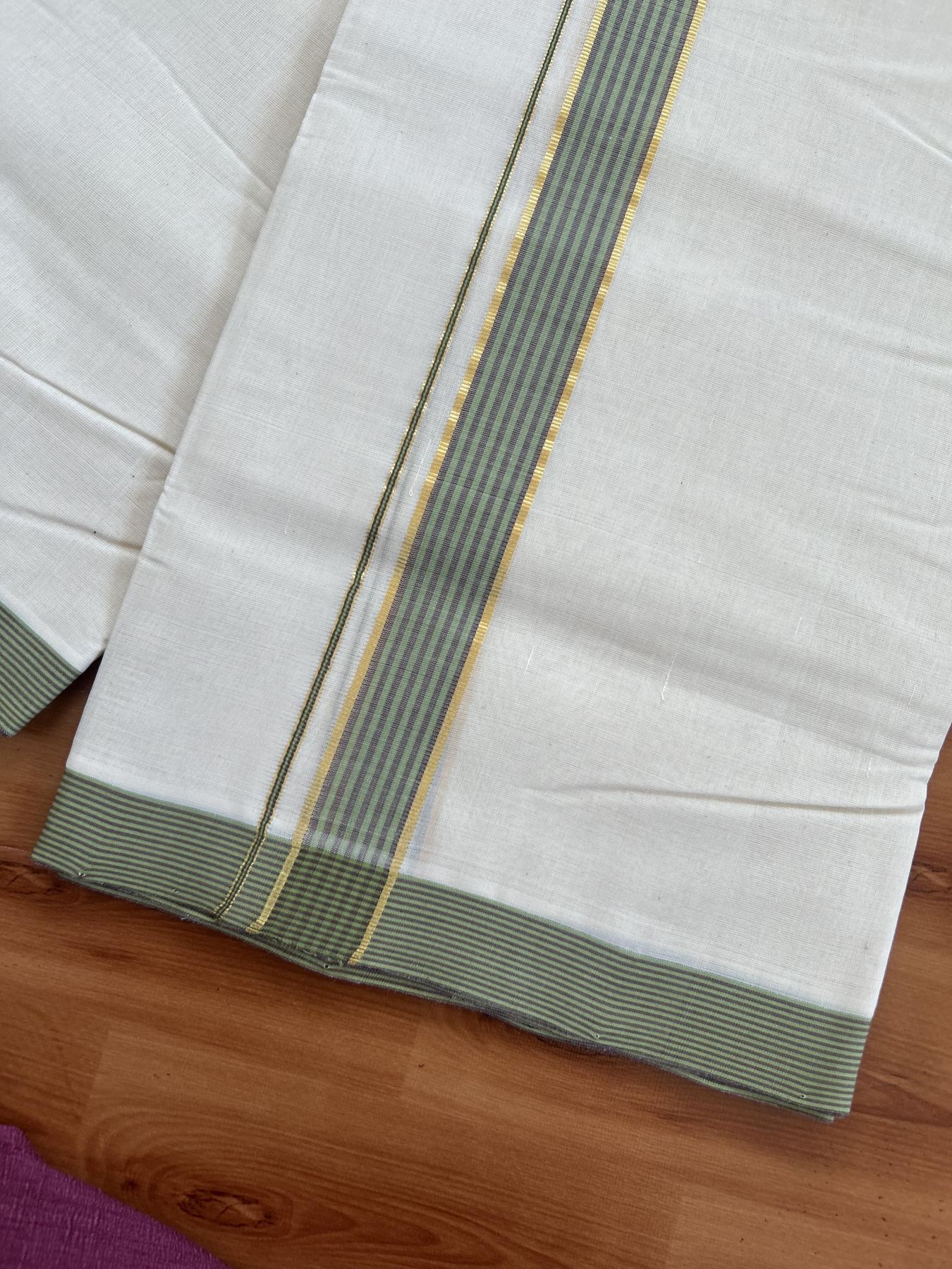 25% Discount! KaithariKada Handloom Millpaav - Kerala Handloom - Cotton Double Mundu/Dhoti Off white (Unbleached) - 80x90 - 1.25 inch Gold Kasav Green & Brown Shaded Stripes Kara 3.80 meter (8 Muzham) - 71 KK5383 RAM
