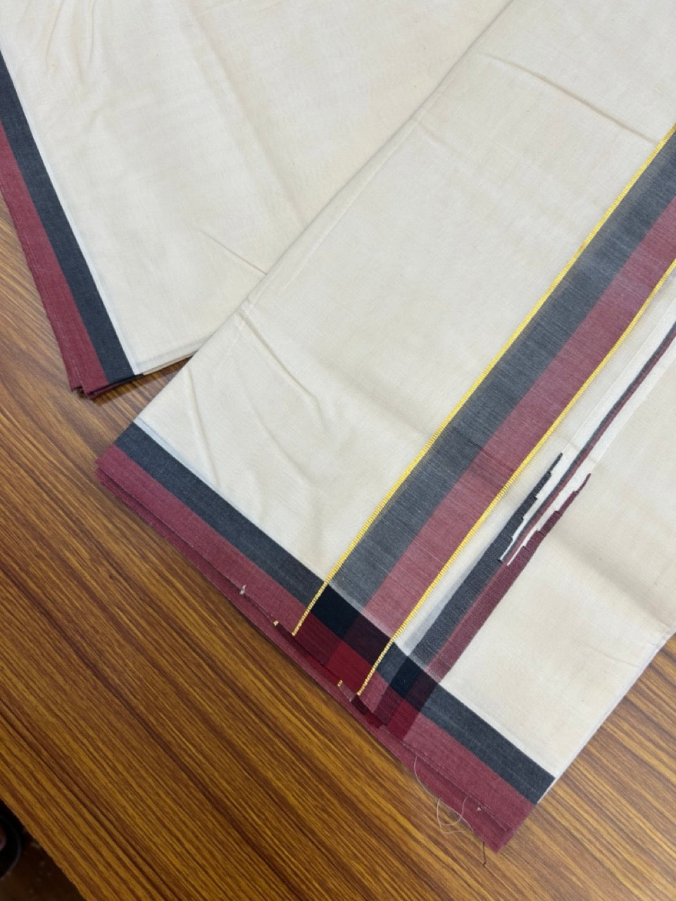 DMK Veshti - 20% Discount !! KaithariKada Balaramapuram Double Off white - (Unbleached) Mundu/Dhoti - 100X100 - 1.75 inch Puliyilakkara Kasavu Maroon & Black Chutty Kara - 1 KK5274 ASH