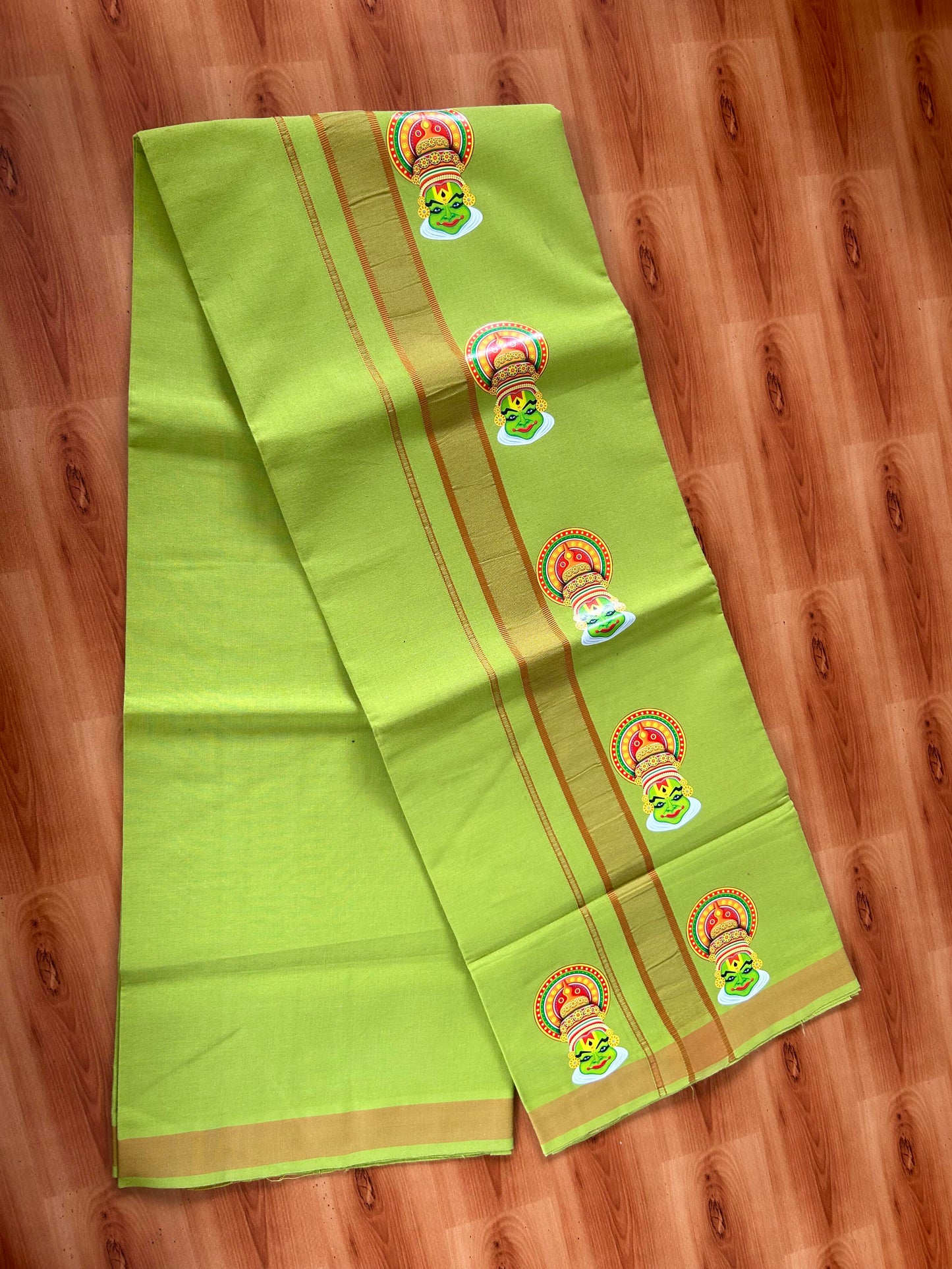 Single Kaily / Lungi- 20% Discount !! Kaitharikada - Pure Cotton - (40s) - 1.25 inch Light Orange Shaded kathakali Printed Design Kara with Parrot Green colour Body (2 meter / 4 muzham) - 3 KK8059 GAN