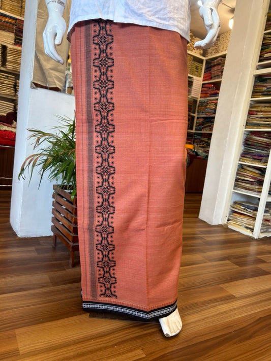 23% Discount!!! Kaitharikada Pure Cotton - Single Kaily / Lungi - 4.75 inch Black printed Kuppadam kara with Kavi colour body - 9KK464AST