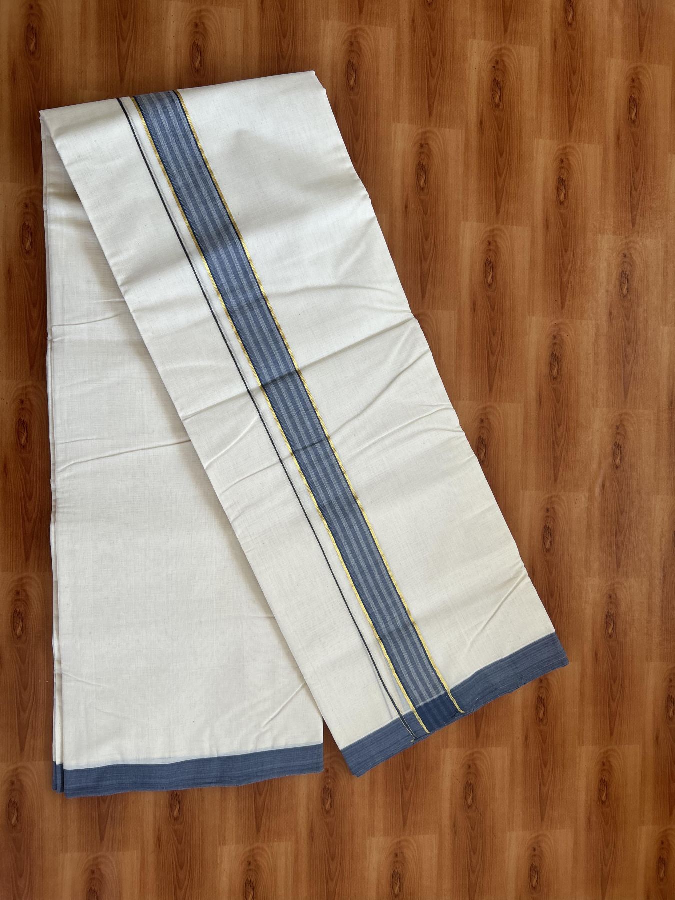 25% Discount! KaithariKada Handloom Millpaav - Kerala Handloom - Cotton Double Mundu/Dhoti Off white (Unbleached) - 80x90 - 1.75 inch Gold Kasav & Ash Blue Shaded Stripes Kara 3.80 meter (8 Muzham) - 74 KK5383 RAM