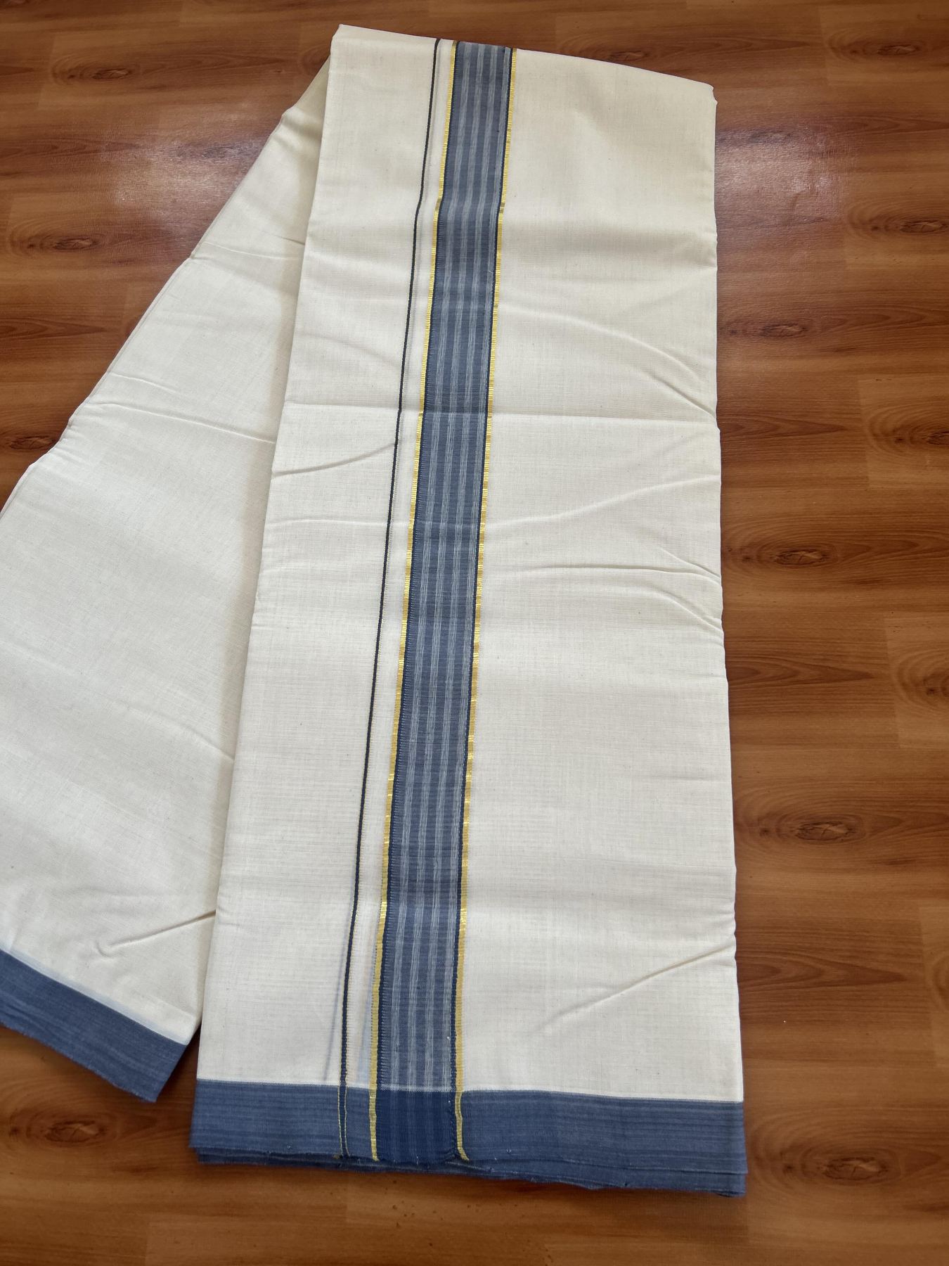 25% Discount! KaithariKada Handloom Millpaav - Kerala Handloom - Cotton Double Mundu/Dhoti Off white (Unbleached) - 80x90 - 1.75 inch Gold Kasav & Ash Blue Shaded Stripes Kara 3.80 meter (8 Muzham) - 74 KK5383 RAM