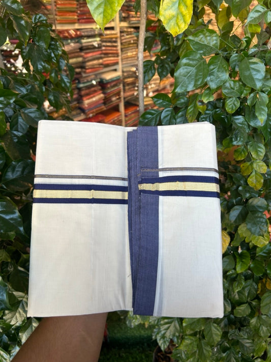20% Discount !! KaithariKada Balaramapuram 100% Cotton Double Off white - (Unbleached) Mundu/Dhoti-100x100 - 1 inch Gold Kasav & Navy Blue Striped Kara - 4 KK5274 ASH