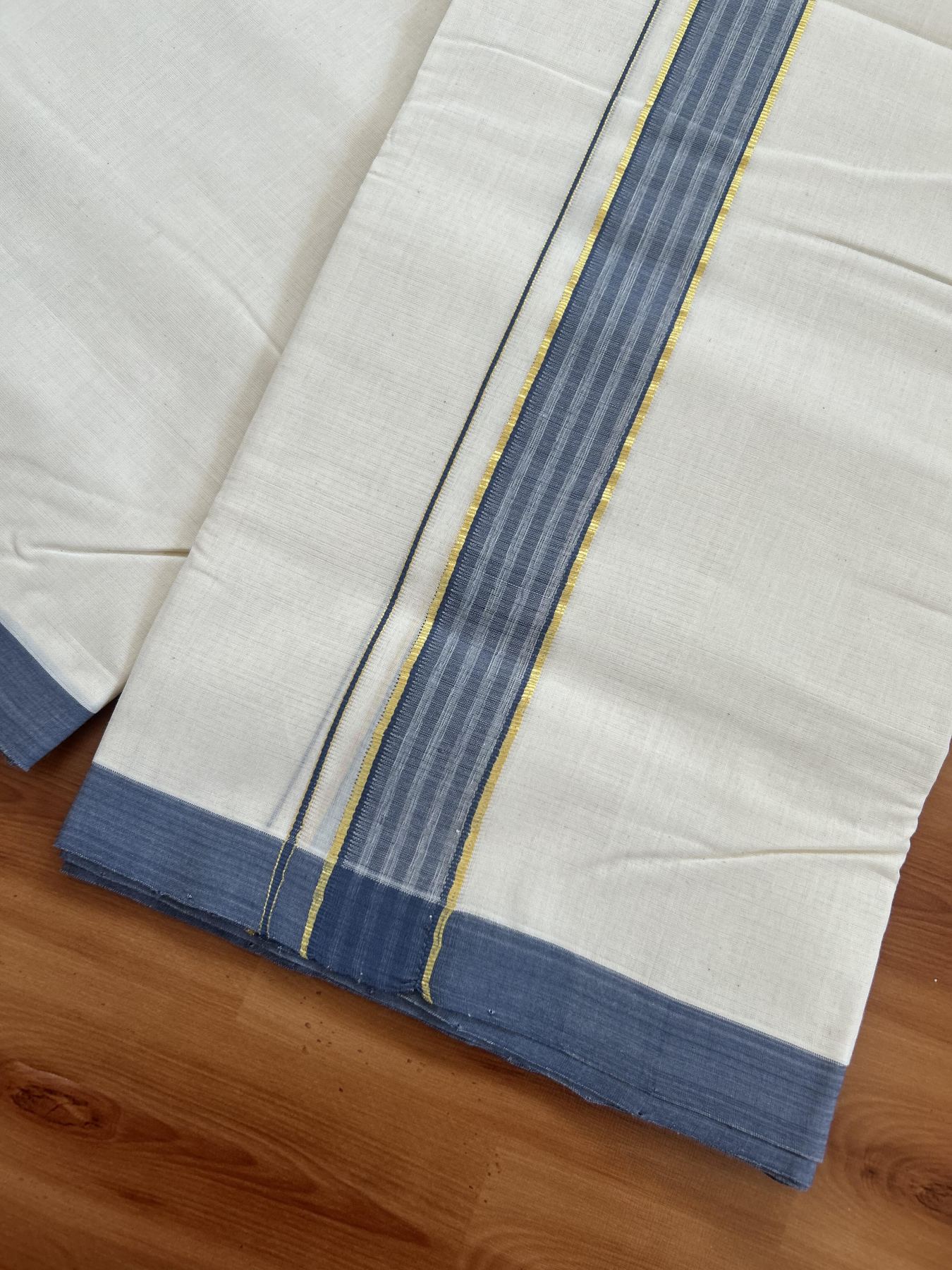 25% Discount! KaithariKada Handloom Millpaav - Kerala Handloom - Cotton Double Mundu/Dhoti Off white (Unbleached) - 80x90 - 1.75 inch Gold Kasav & Ash Blue Shaded Stripes Kara 3.80 meter (8 Muzham) - 74 KK5383 RAM