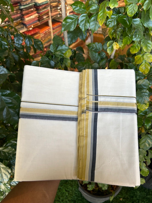 20% Discount !! KaithariKada Balaramapuram 100% Cotton Double Off white - (Unbleached) Mundu/Dhoti-100x100 -1 inch Silver Kasav Black & Mustard Yellow Striped Kara - 8 KK5274 ASH