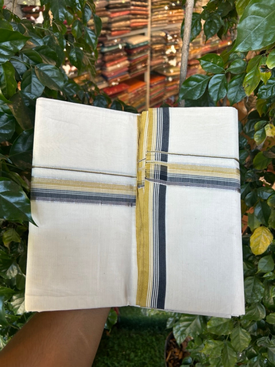 20% Discount !! KaithariKada Balaramapuram 100% Cotton Double Off white - (Unbleached) Mundu/Dhoti-100x100 -1.25 inch Silver Kasav Black & Mustard Yellow Center Striped Kara - 9 KK5274 ASH