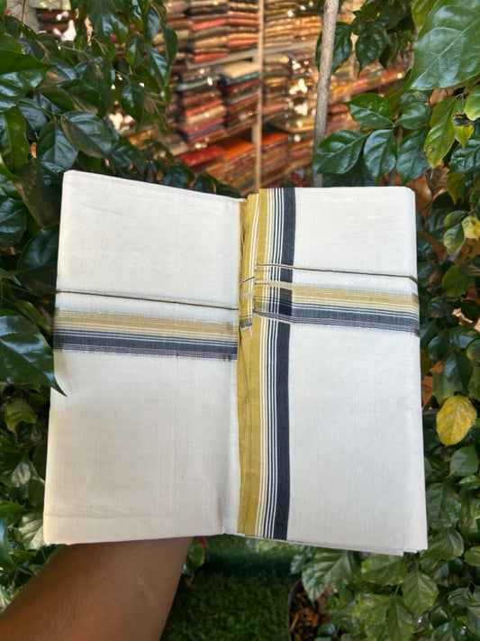 20% Discount !! KaithariKada Balaramapuram 100% Cotton Double Off white - (Unbleached) Mundu/Dhoti-100x100 -1.25 inch Silver Kasav Black & Mustard Yellow Center Striped Kara - 9 KK5274 ASH