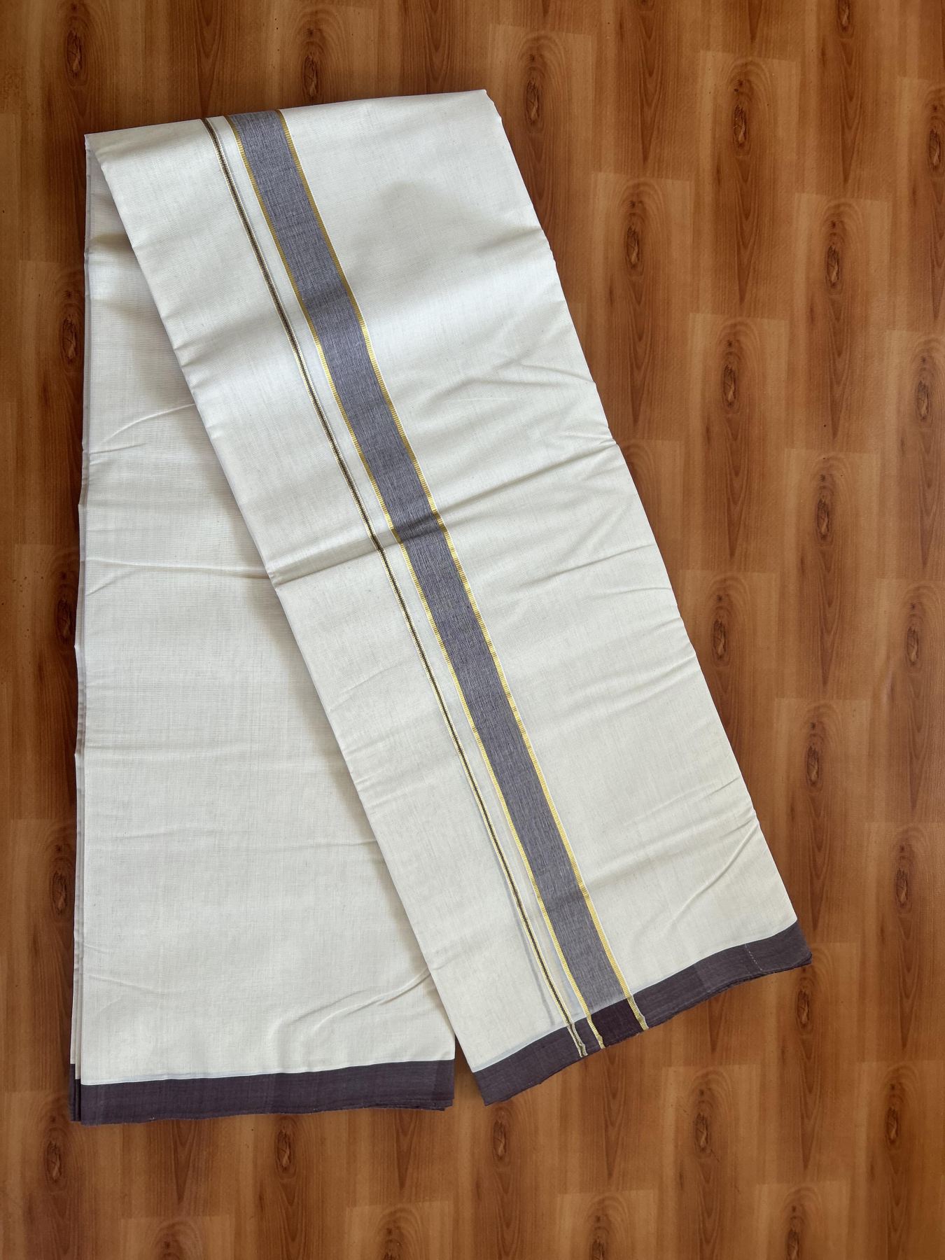 25% Discount! KaithariKada Handloom Millpaav - Kerala Handloom - Cotton Double Mundu/Dhoti Off white (Unbleached) - 80x90 - 1.25 inch Gold Kasav & Chocolate Brown Shaded Kara 3.80 meter (8 Muzham) - 80 KK5383 RAM