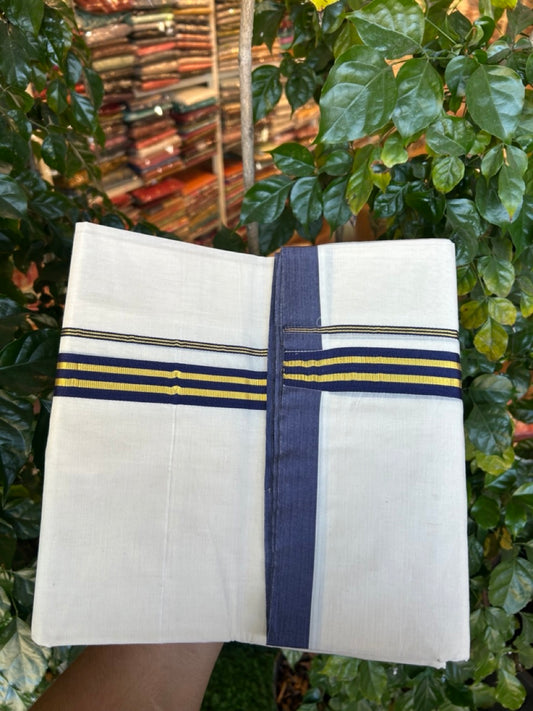20% Discount !! KaithariKada Balaramapuram 100% Cotton Double Off white - (Unbleached) Mundu/Dhoti-100x100 - 1 inch Gold Kasav & Navy Blue Striped Kara - 3 KK5274 ASH