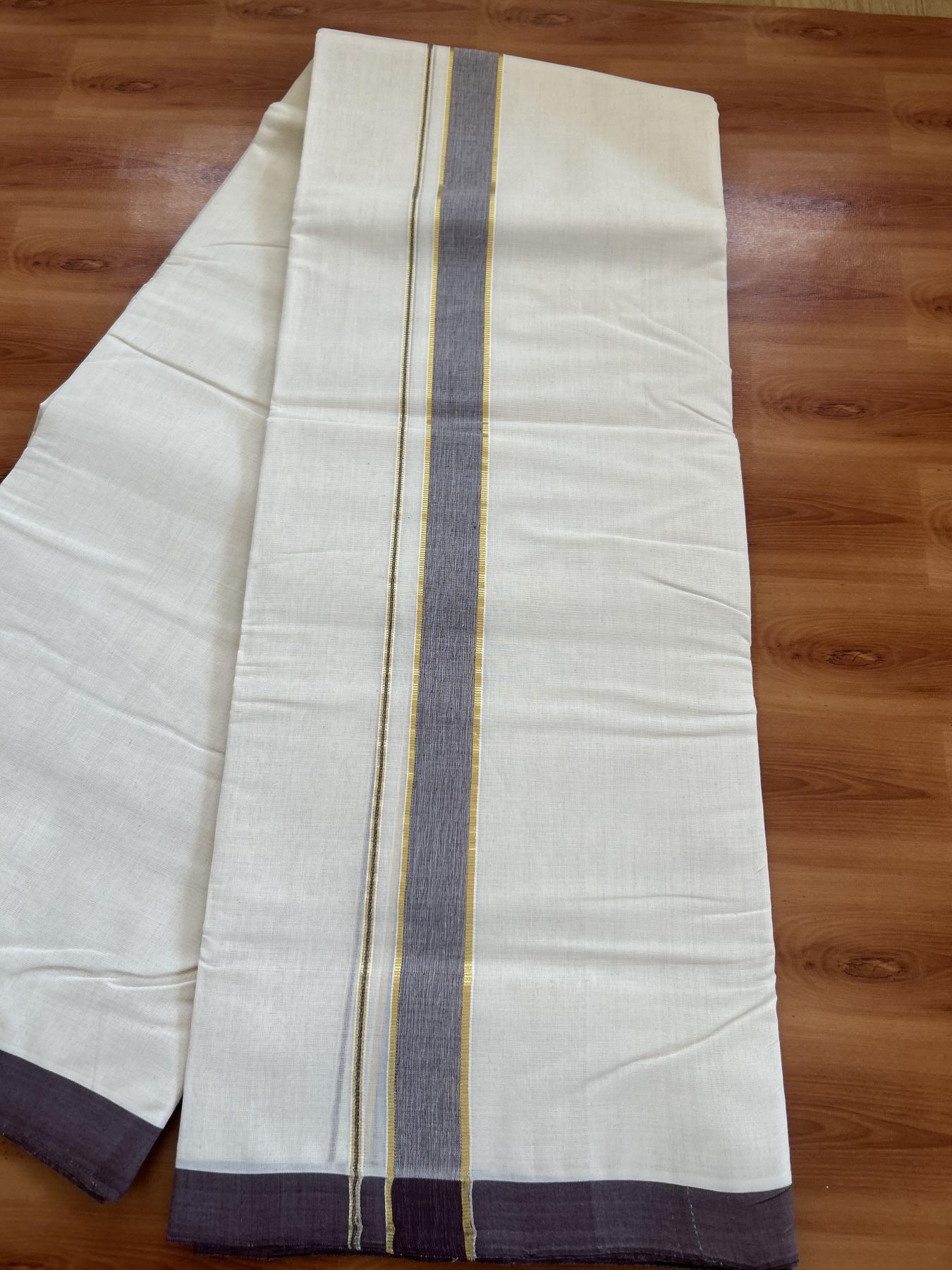 25% Discount! KaithariKada Handloom Millpaav - Kerala Handloom - Cotton Double Mundu/Dhoti Off white (Unbleached) - 80x90 - 1.25 inch Gold Kasav & Chocolate Brown Shaded Kara 3.80 meter (8 Muzham) - 80 KK5383 RAM