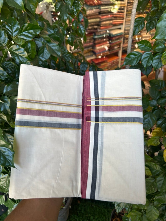 ADMK VESHTI - 20% DISCOUNT! KaithariKada 100% Cotton off white Double - (Unbleached) Mundu/Dhoti - 100X100 - 1.5 inch Gold Kasavu & Black White Maroon Shaded kara - 5 KK5274 ASH