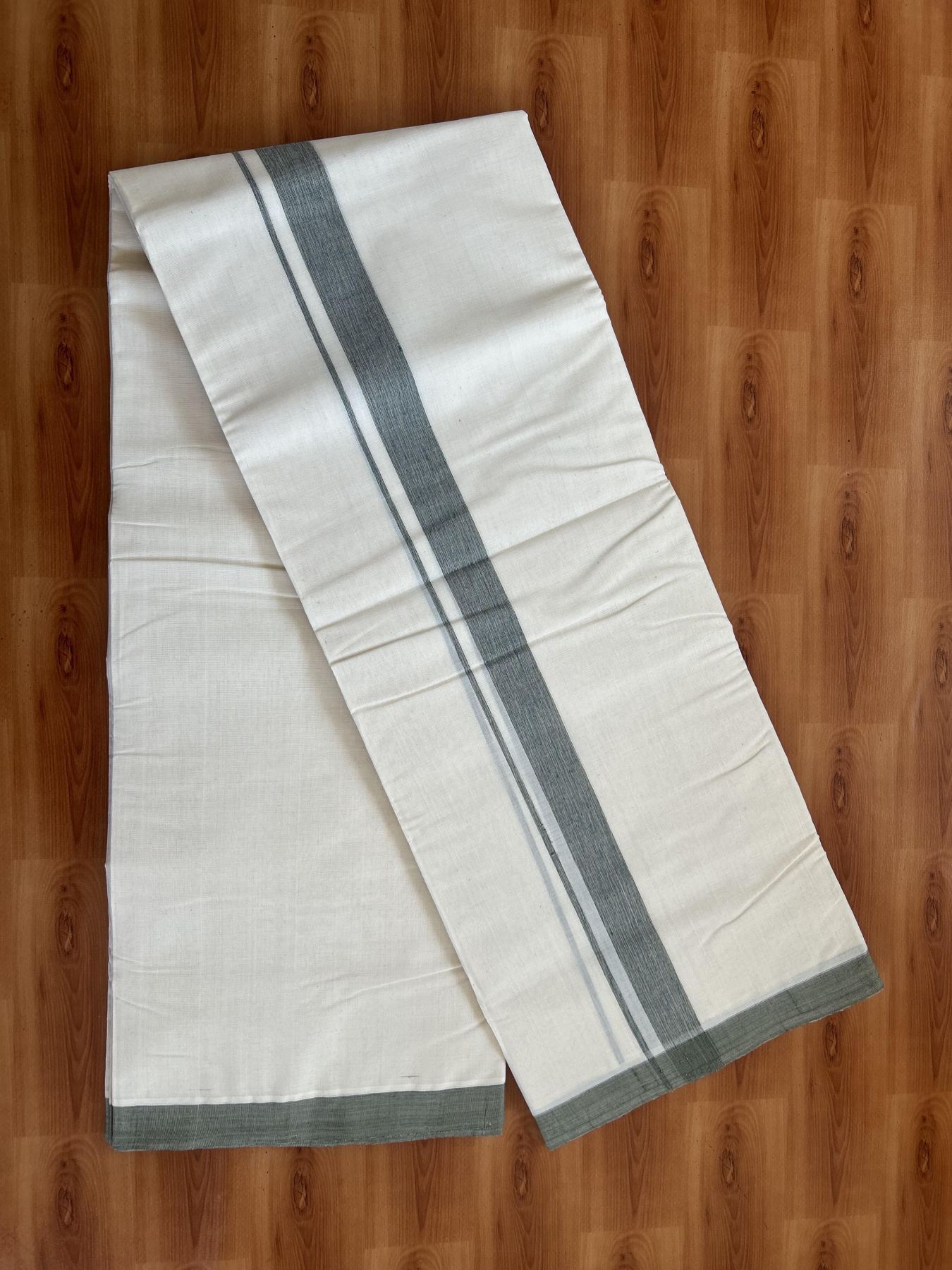 25% Discount! KaithariKada Handloom Millpaav - Kerala Handloom - Cotton Double Mundu/Dhoti Off white (Unbleached) - 80x90 - 1.25 inch Ash Grey Shaded Kara 3.80 meter (8 Muzham) - 29 KK5383 RAM