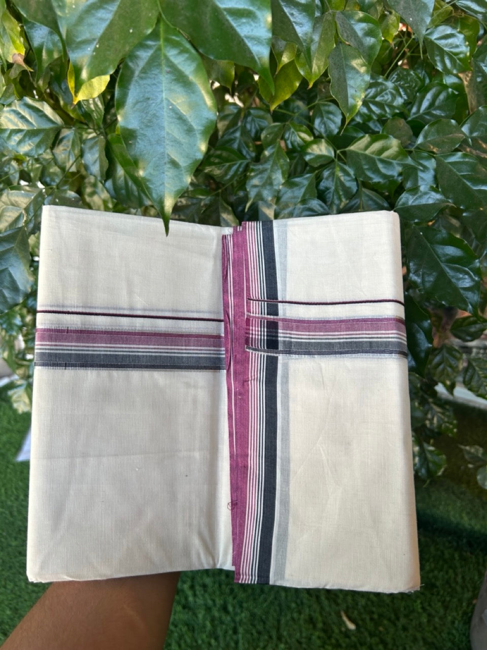 20% Discount !! KaithariKada Balaramapuram 100% Cotton Double Off white - (Unbleached) Mundu/Dhoti-100x100 - 3 cm Silver Kasav Black & Deep Magenta Striped Kara - 7 KK5274 ASH