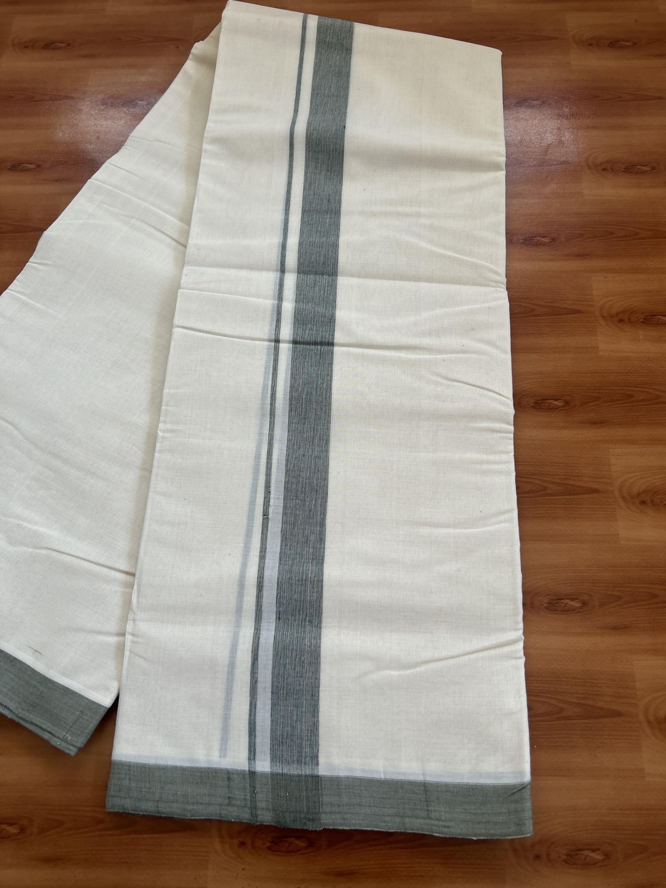 25% Discount! KaithariKada Handloom Millpaav - Kerala Handloom - Cotton Double Mundu/Dhoti Off white (Unbleached) - 80x90 - 1.25 inch Ash Grey Shaded Kara 3.80 meter (8 Muzham) - 29 KK5383 RAM