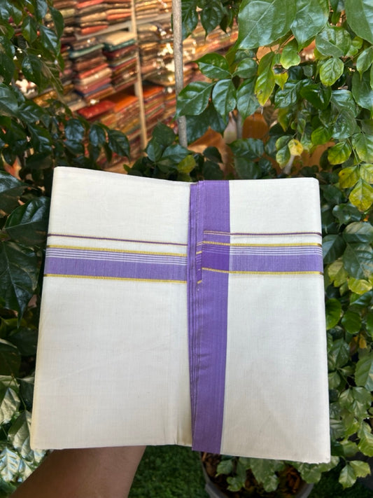 20% Discount !! KaithariKada Balaramapuram 100% Cotton Double Off white - (Unbleached) Mundu/Dhoti-100x100 - 1  inch Gold Kasav & Lavender Violet Striped Kara - 2 KK5274 ASH