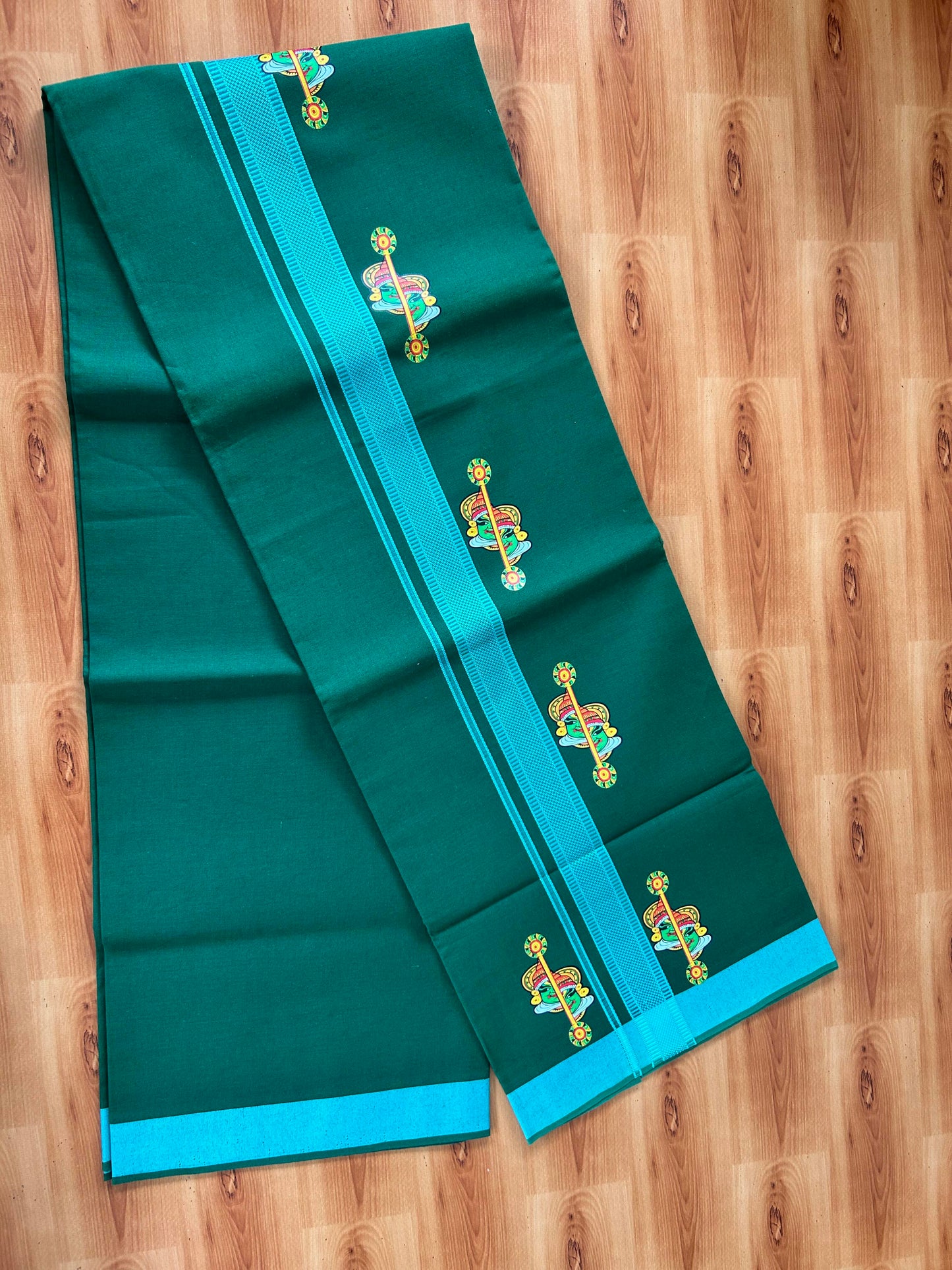 Single Kaily / Lungi- 20% Discount !! Kaitharikada - Pure Cotton - (40s) - 1.25 inch Teal Green Striped kathakali Printed Design Kara with Green colour Body (2 meter / 4 muzham) - 5 KK8059 GAN