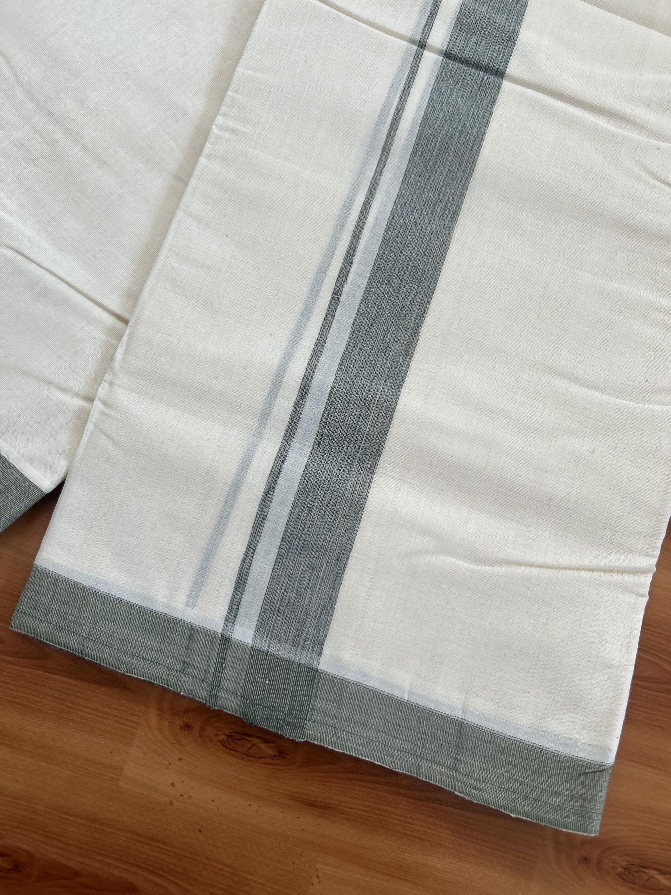 25% Discount! KaithariKada Handloom Millpaav - Kerala Handloom - Cotton Double Mundu/Dhoti Off white (Unbleached) - 80x90 - 1.25 inch Ash Grey Shaded Kara 3.80 meter (8 Muzham) - 29 KK5383 RAM