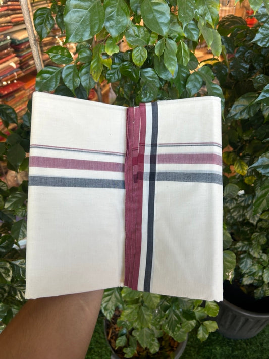 ADMK VESHTI - 20% DISCOUNT! KaithariKada 100% Cotton off white Double - (Unbleached) Mundu/Dhoti - 100X100 - 1.5 inch Black White Maroon Shaded kara - 6 KK5274 ASH