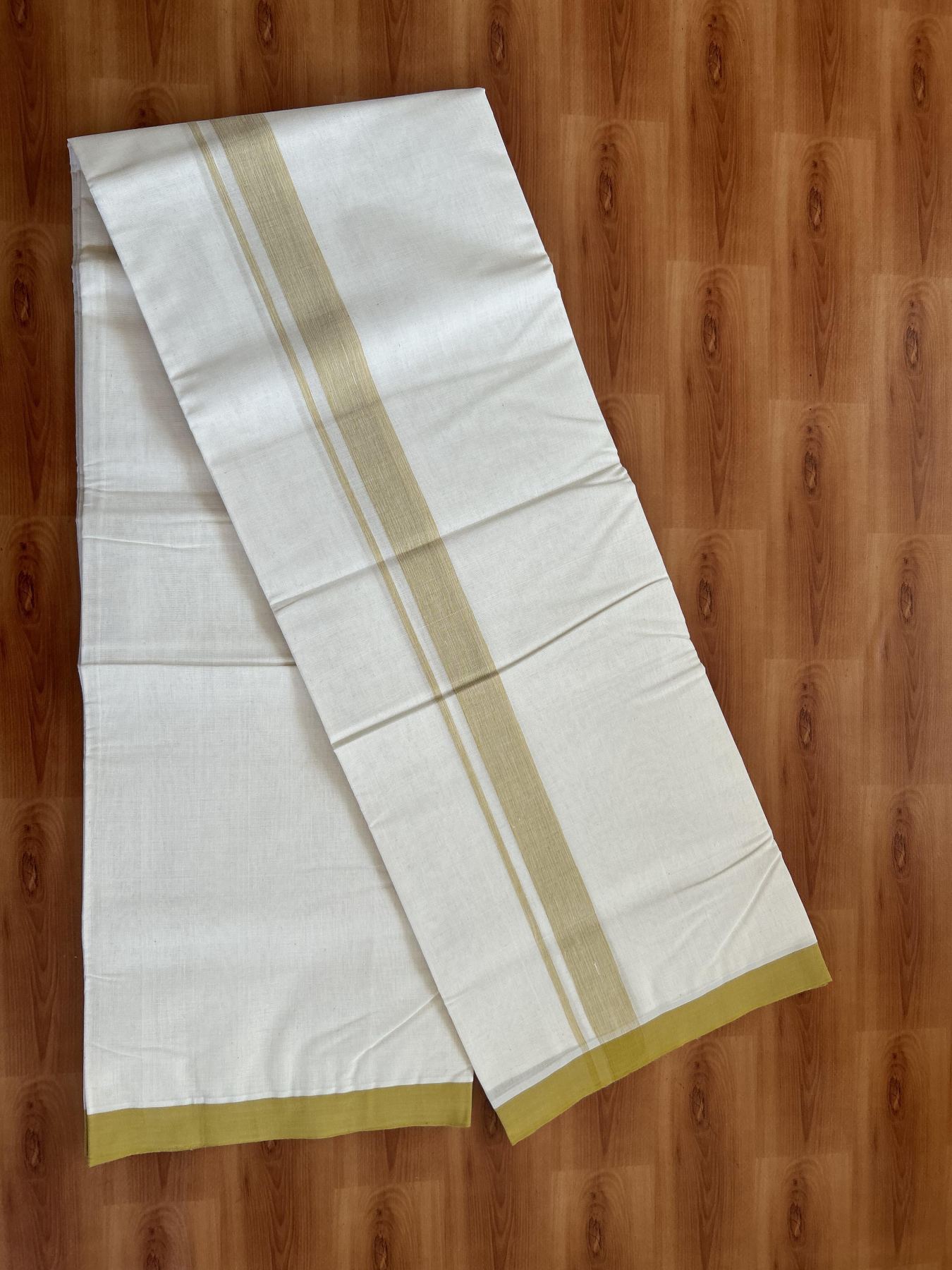 25% Discount! KaithariKada Handloom Millpaav - Kerala Handloom - Cotton Double Mundu/Dhoti Off white (Unbleached) - 80x90 - 1.25 inch Mustard Yellow Shaded Kara 3.80 meter (8 Muzham) - 26 KK5383 RAM