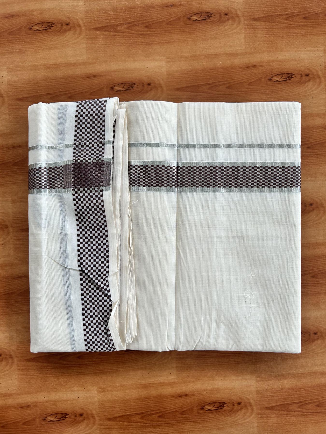 Double Off White (Unbleached) Mundu/Dhoti - 20% Discount! Kaitharikada Pure Cotton - 100x80 - 1.25 Inch Silver Kasav & Brown Jacquard Design Kara 4 mtr (8.5 muzham) - 54 KK5460 PMC