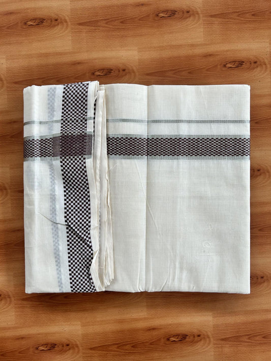 Double Off White (Unbleached) Mundu/Dhoti - 20% Discount! Kaitharikada Pure Cotton - 100x80 - 1.25 Inch Silver Kasav & Brown Jacquard Design Kara 4 mtr (8.5 muzham) - 54 KK5460 PMC