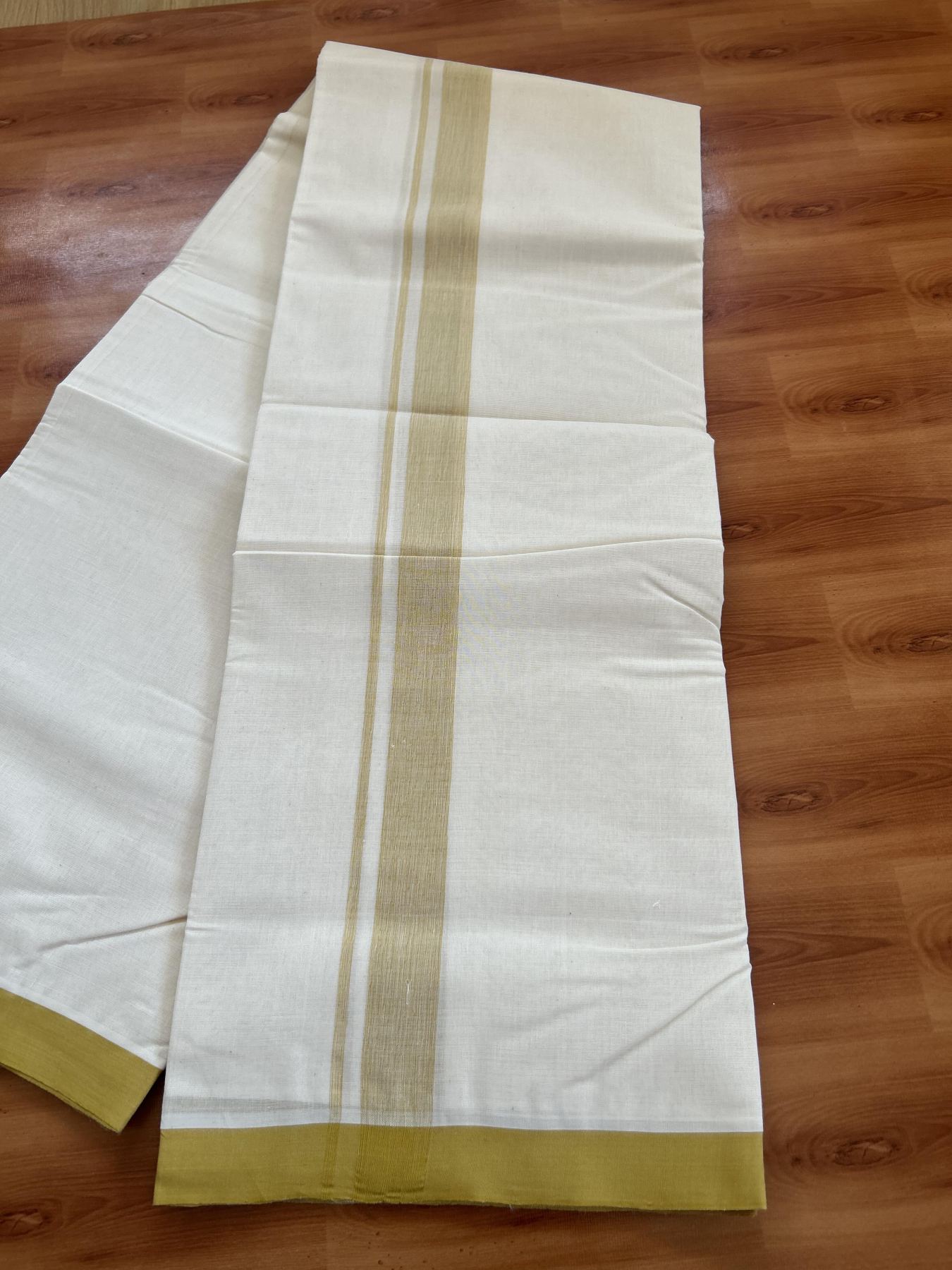 25% Discount! KaithariKada Handloom Millpaav - Kerala Handloom - Cotton Double Mundu/Dhoti Off white (Unbleached) - 80x90 - 1.25 inch Mustard Yellow Shaded Kara 3.80 meter (8 Muzham) - 26 KK5383 RAM