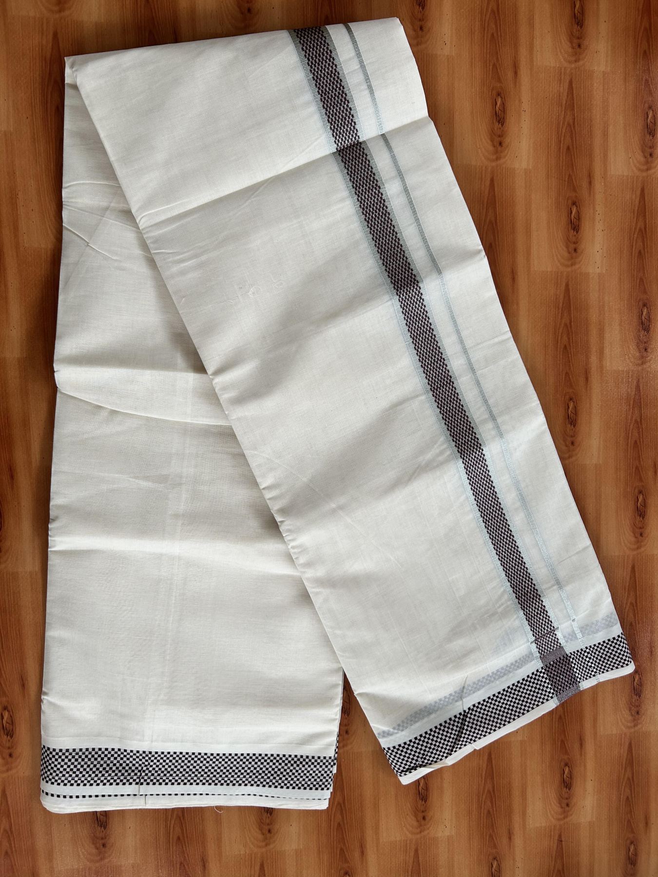 Double Off White (Unbleached) Mundu/Dhoti - 20% Discount! Kaitharikada Pure Cotton - 100x80 - 1.25 Inch Silver Kasav & Brown Jacquard Design Kara 4 mtr (8.5 muzham) - 54 KK5460 PMC