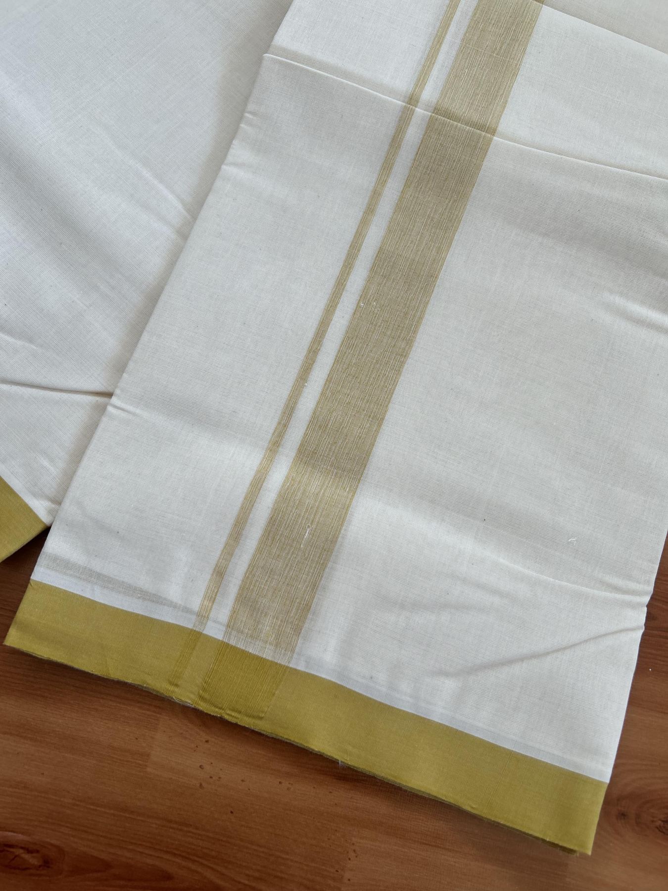25% Discount! KaithariKada Handloom Millpaav - Kerala Handloom - Cotton Double Mundu/Dhoti Off white (Unbleached) - 80x90 - 1.25 inch Mustard Yellow Shaded Kara 3.80 meter (8 Muzham) - 26 KK5383 RAM
