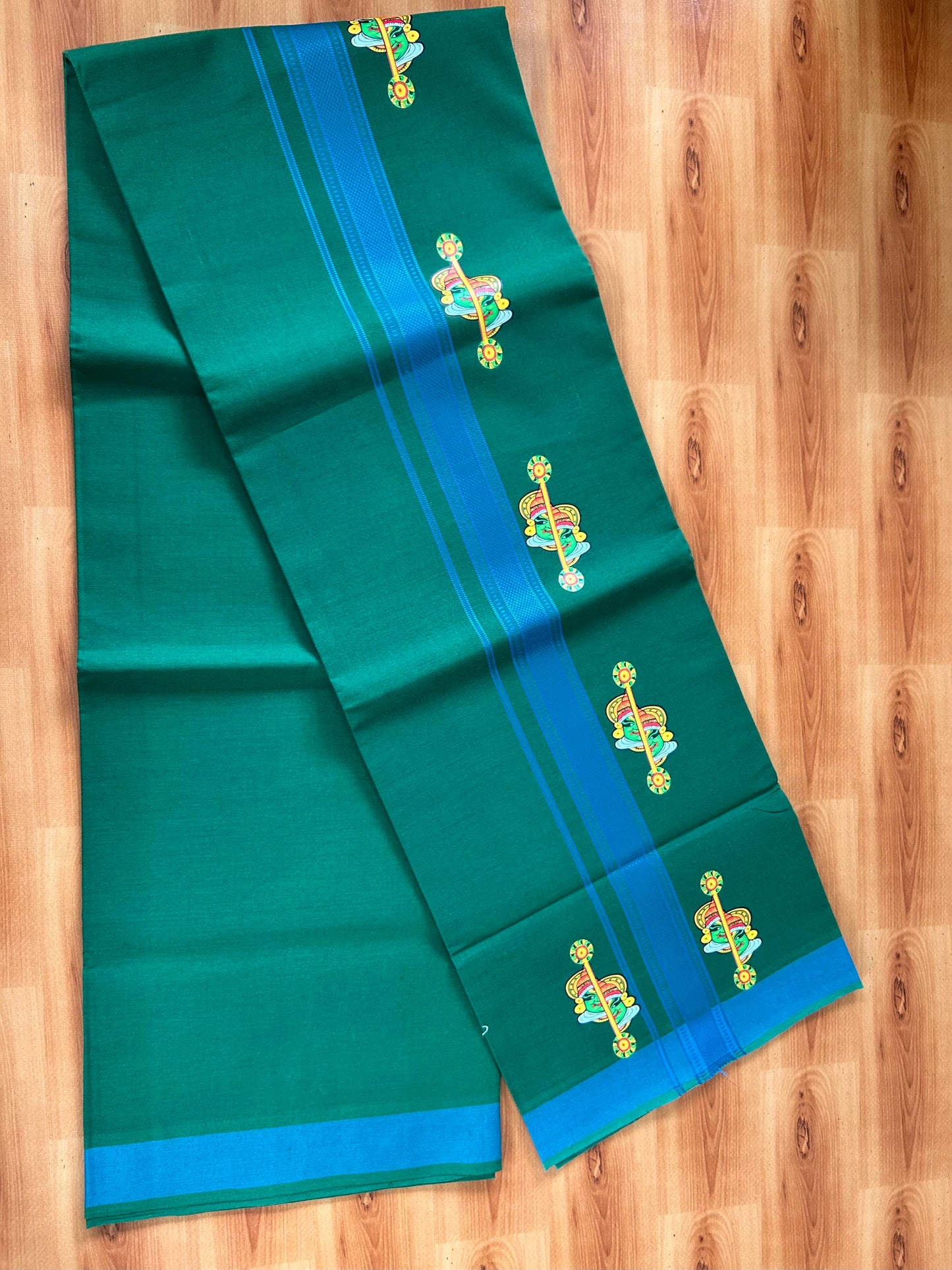Single Kaily / Lungi- 20% Discount !! Kaitharikada - Pure Cotton - (40s) - 1.25 inch Peacock Blue Striped kathakali Printed Design Kara with Green colour Body (2 meter / 4 muzham) - 6 KK8059 GAN