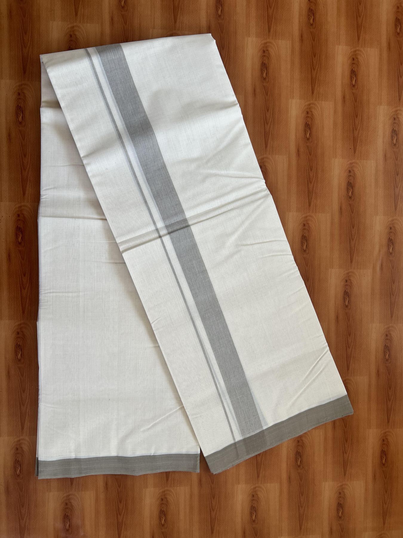 25% Discount! KaithariKada Handloom Millpaav - Kerala Handloom - Cotton Double Mundu/Dhoti Off white (Unbleached) - 80x90 - 1.25 inch Sage Grey Shaded Kara - 27 KK5383 RAM