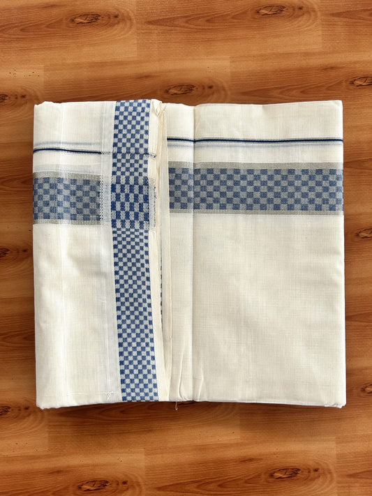 Double Off White (Unbleached) Mundu/Dhoti - 20% Discount! Kaitharikada Pure Cotton - 100x80 - 1.75 Inch Silver Kasav & Peacock Blue Jacquard Design Kara 4 mtr (8.5 muzham) - 53 KK5460 PMC