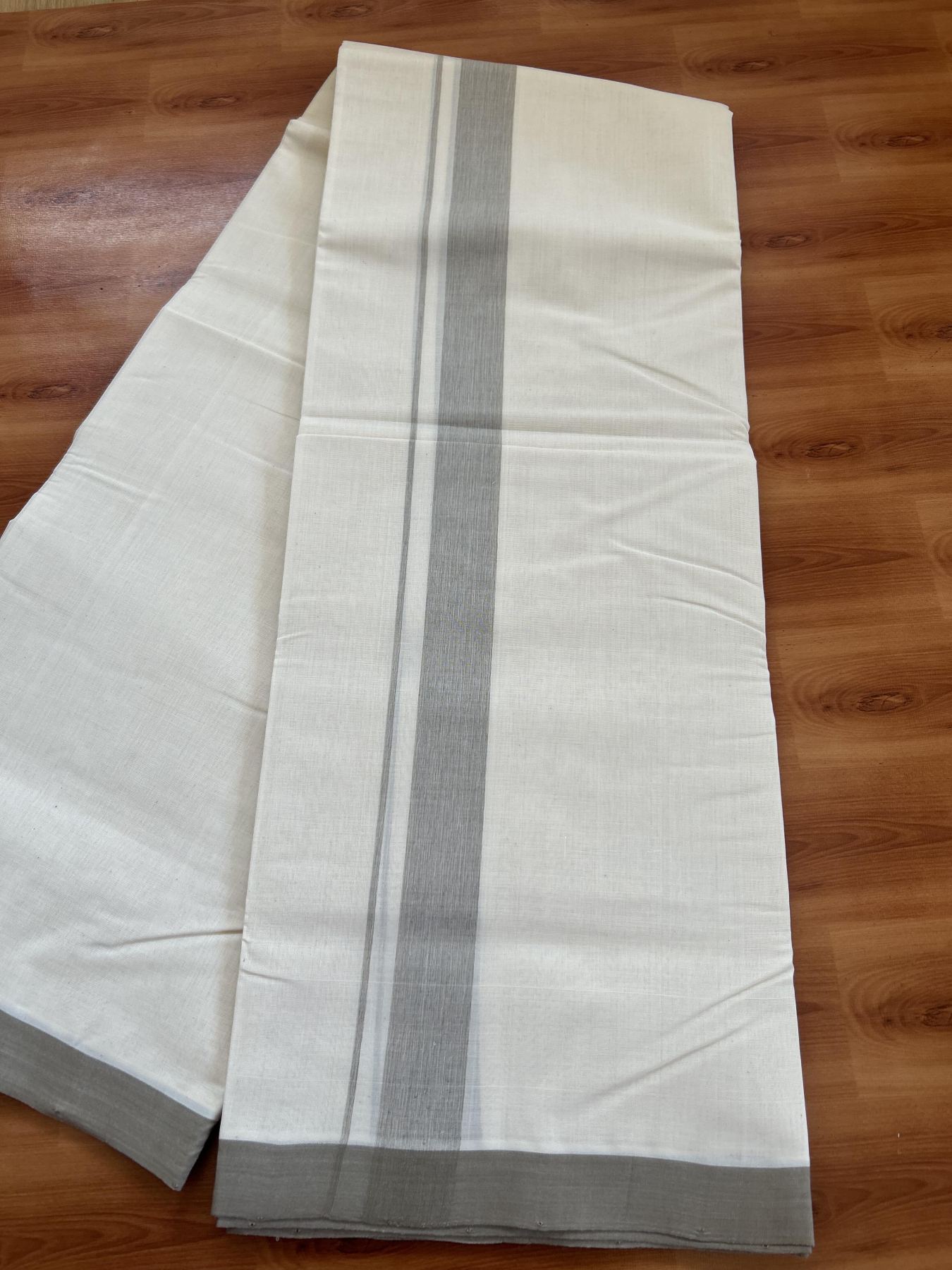 25% Discount! KaithariKada Handloom Millpaav - Kerala Handloom - Cotton Double Mundu/Dhoti Off white (Unbleached) - 80x90 - 1.25 inch Sage Grey Shaded Kara - 27 KK5383 RAM