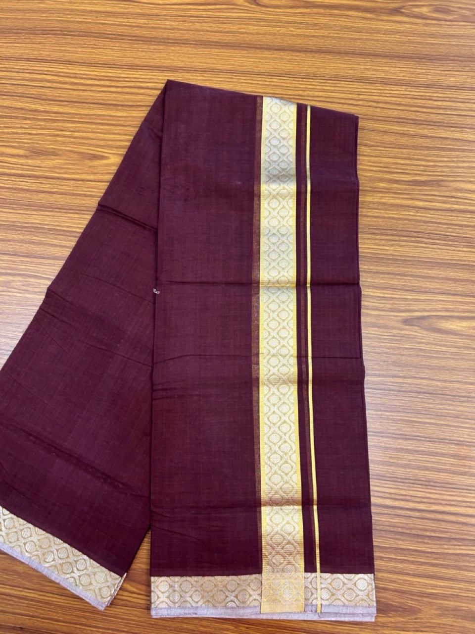 25% Discount! KaithariKada Handloom UNAKKUPAAV Balaramapuram - 100% Cotton Double Mundu/Dhoti - Wine Purple Colour Body - 1.75 inch Gold Kasavu & Silver Kasav Jacquard Design Kara - 1 KK5272 YAR