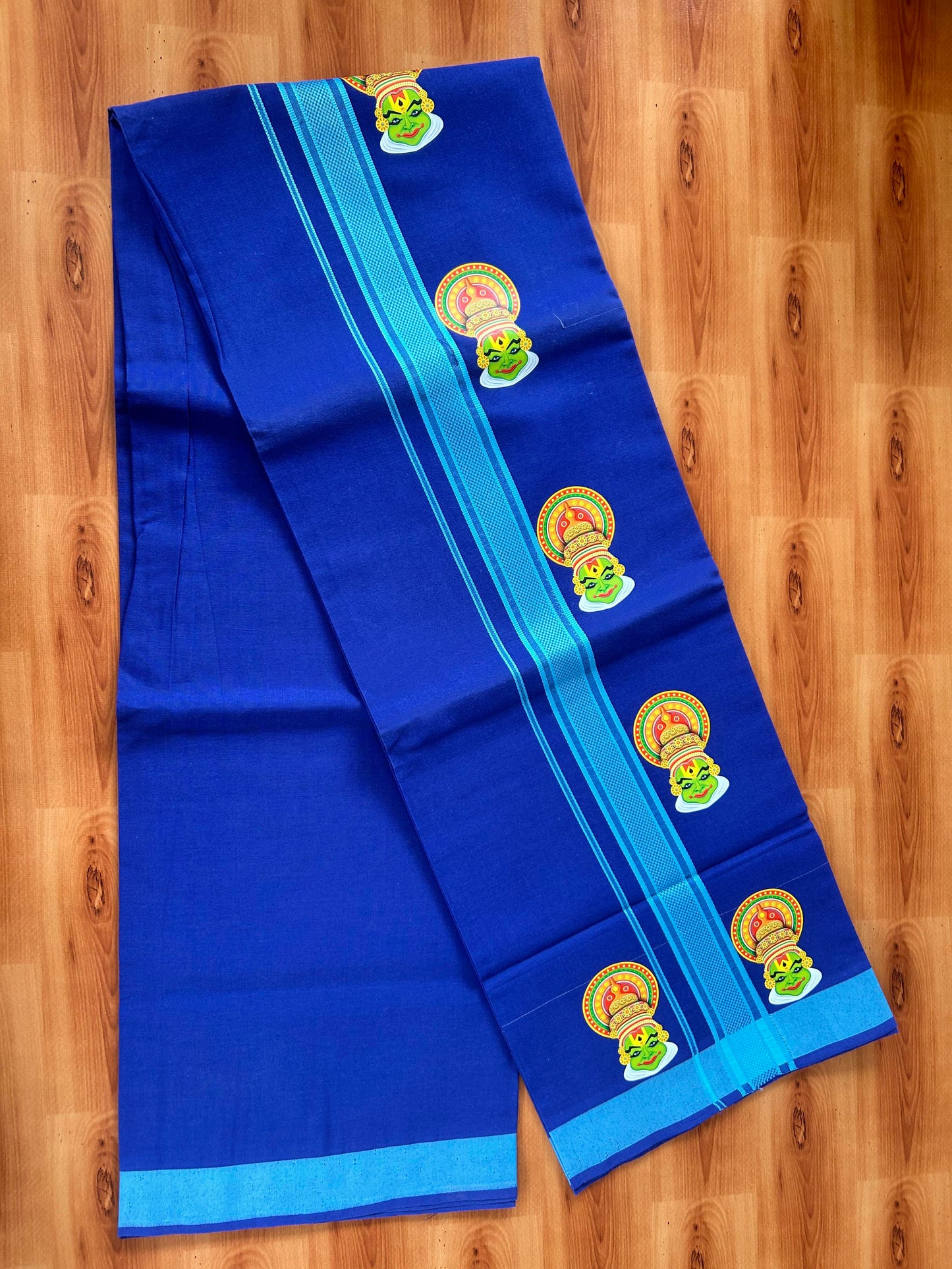 Single Kaily / Lungi- 20% Discount !! Kaitharikada - Pure Cotton - (40s) - 1.25 inch Light Blue Striped kathakali Printed Design Kara with Dark Blue colour Body (2 meter / 4 muzham) - 9 KK8059 GAN