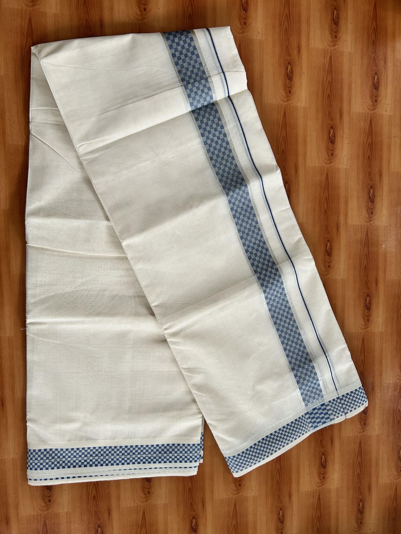 Double Off White (Unbleached) Mundu/Dhoti - 20% Discount! Kaitharikada Pure Cotton - 100x80 - 1.75 Inch Silver Kasav & Peacock Blue Jacquard Design Kara 4 mtr (8.5 muzham) - 53 KK5460 PMC