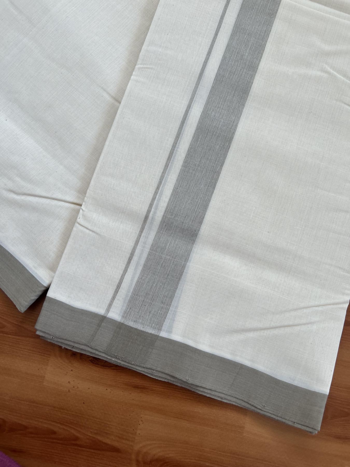 25% Discount! KaithariKada Handloom Millpaav - Kerala Handloom - Cotton Double Mundu/Dhoti Off white (Unbleached) - 80x90 - 1.25 inch Sage Grey Shaded Kara - 27 KK5383 RAM