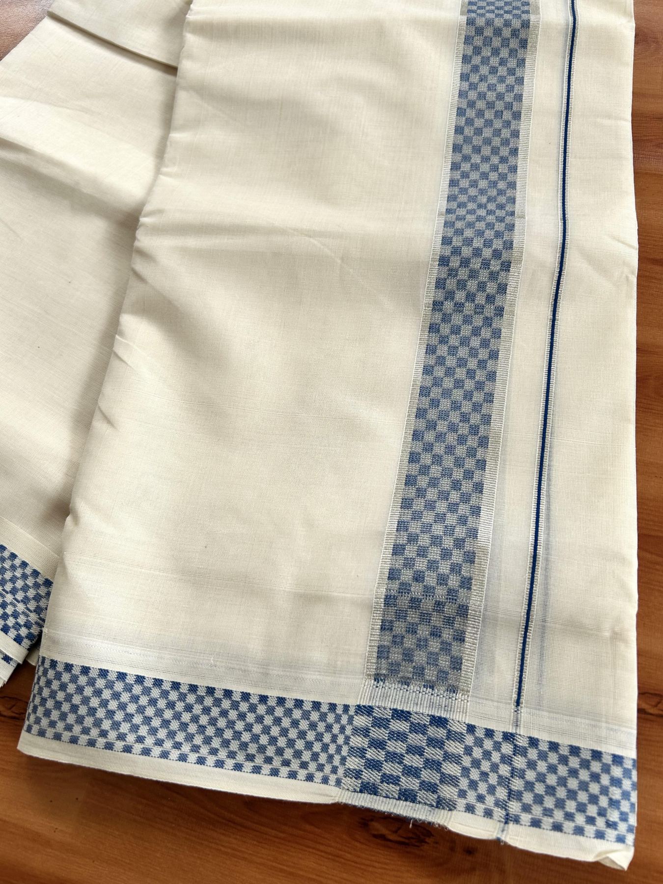 Double Off White (Unbleached) Mundu/Dhoti - 20% Discount! Kaitharikada Pure Cotton - 100x80 - 1.75 Inch Silver Kasav & Peacock Blue Jacquard Design Kara 4 mtr (8.5 muzham) - 53 KK5460 PMC
