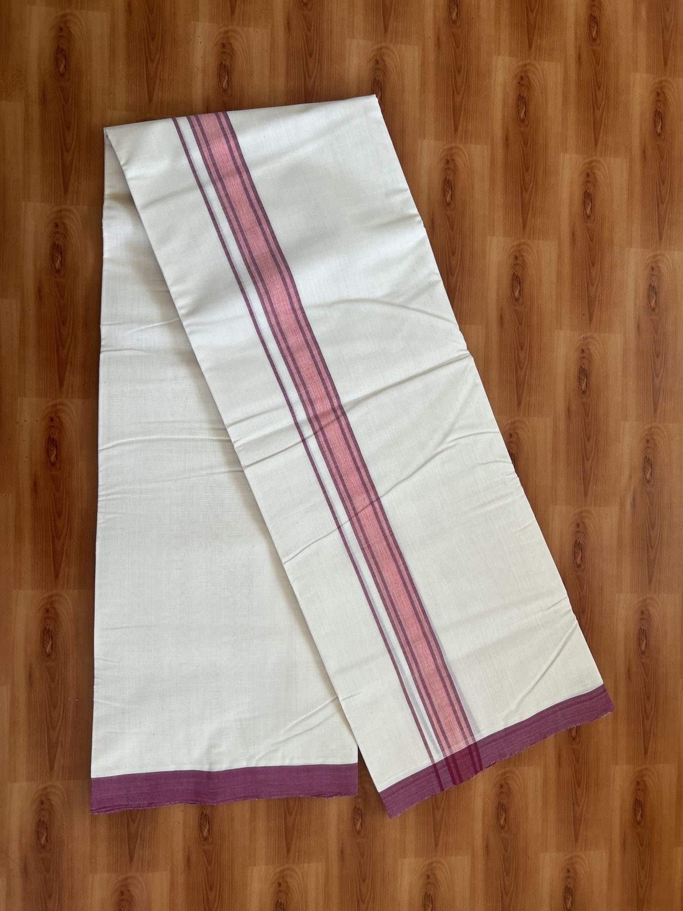 25% Discount! KaithariKada Handloom Millpaav - Kerala Handloom - Cotton Double Mundu/Dhoti Off white (Unbleached) - 80x90 - 1.25 inch Dusty Maroon & Orange Shaded Stripes Kara 3.80 meter (8 Muzham) - 32 KK5383 RAM
