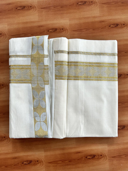 Double Off White (Unbleached) Mundu/Dhoti - 20% Discount! Kaitharikada Pure Cotton - 100x80 - 2 Inch Gold & Silver Kasav Jacquard Design Kara 4 mtr (8.5 muzham) - 55 KK5460 PMC