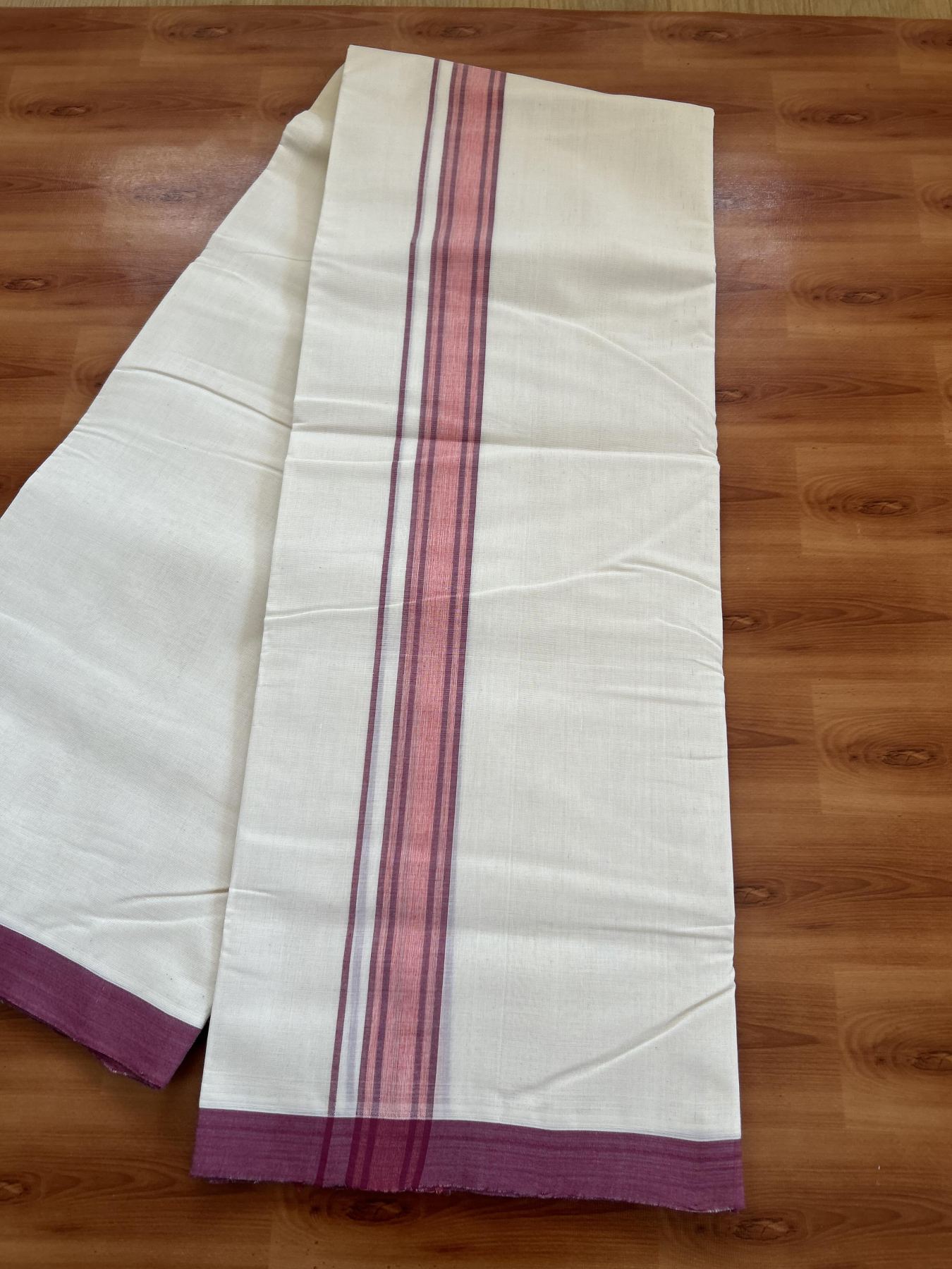 25% Discount! KaithariKada Handloom Millpaav - Kerala Handloom - Cotton Double Mundu/Dhoti Off white (Unbleached) - 80x90 - 1.25 inch Dusty Maroon & Orange Shaded Stripes Kara 3.80 meter (8 Muzham) - 32 KK5383 RAM