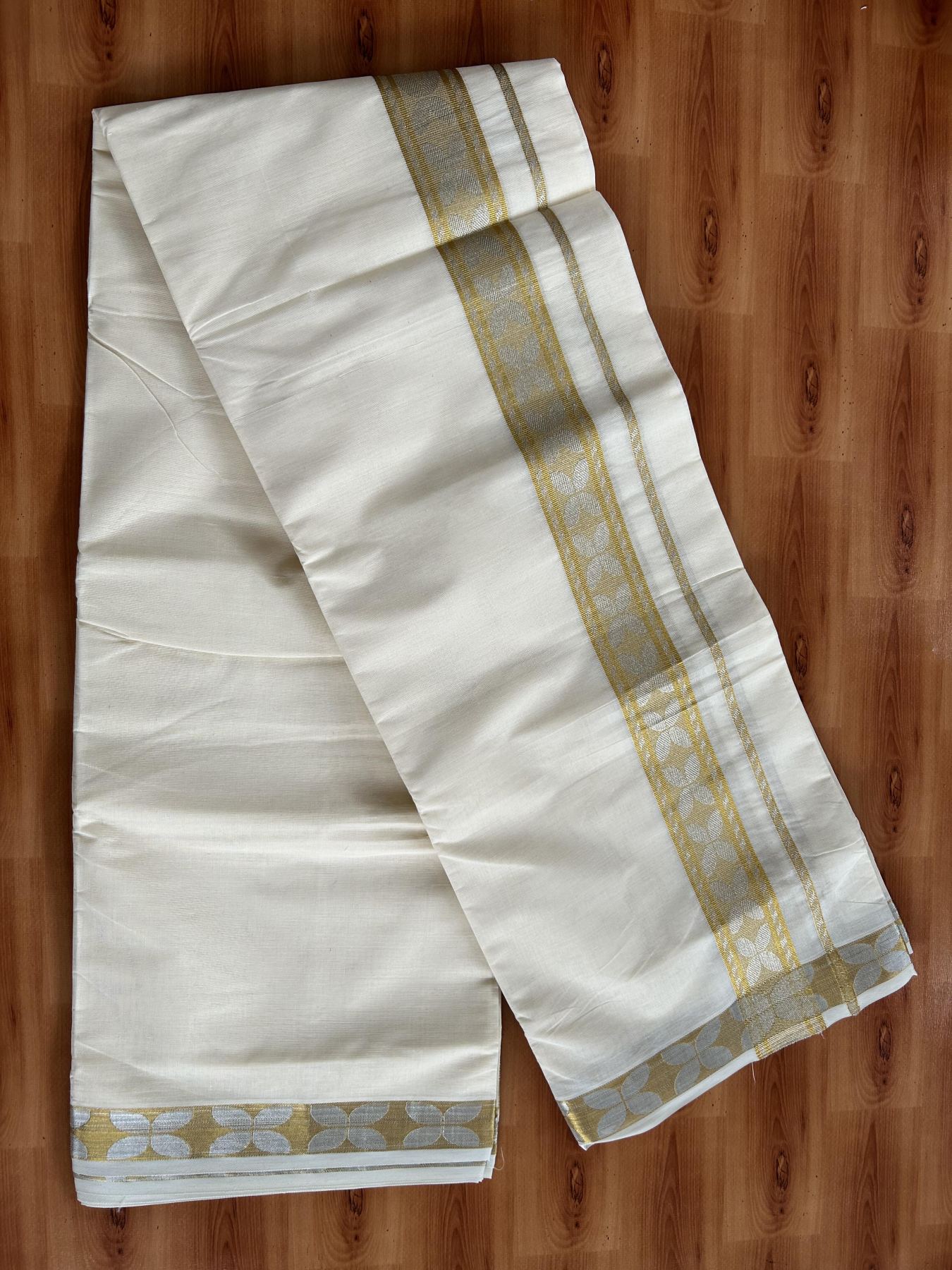 Double Off White (Unbleached) Mundu/Dhoti - 20% Discount! Kaitharikada Pure Cotton - 100x80 - 2 Inch Gold Kasav Jacquard Design Kara 4 mtr (8.5 muzham) - 55 KK5460 PMC
