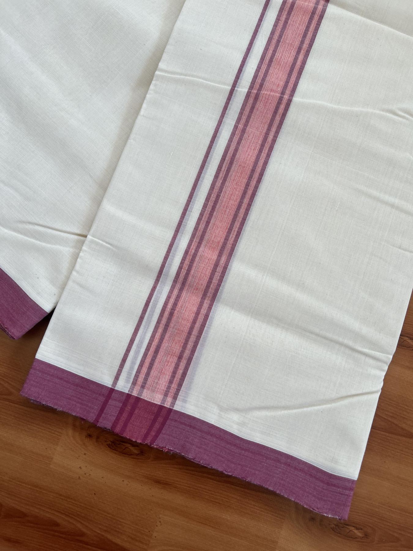 25% Discount! KaithariKada Handloom Millpaav - Kerala Handloom - Cotton Double Mundu/Dhoti Off white (Unbleached) - 80x90 - 1.25 inch Dusty Maroon & Orange Shaded Stripes Kara 3.80 meter (8 Muzham) - 32 KK5383 RAM